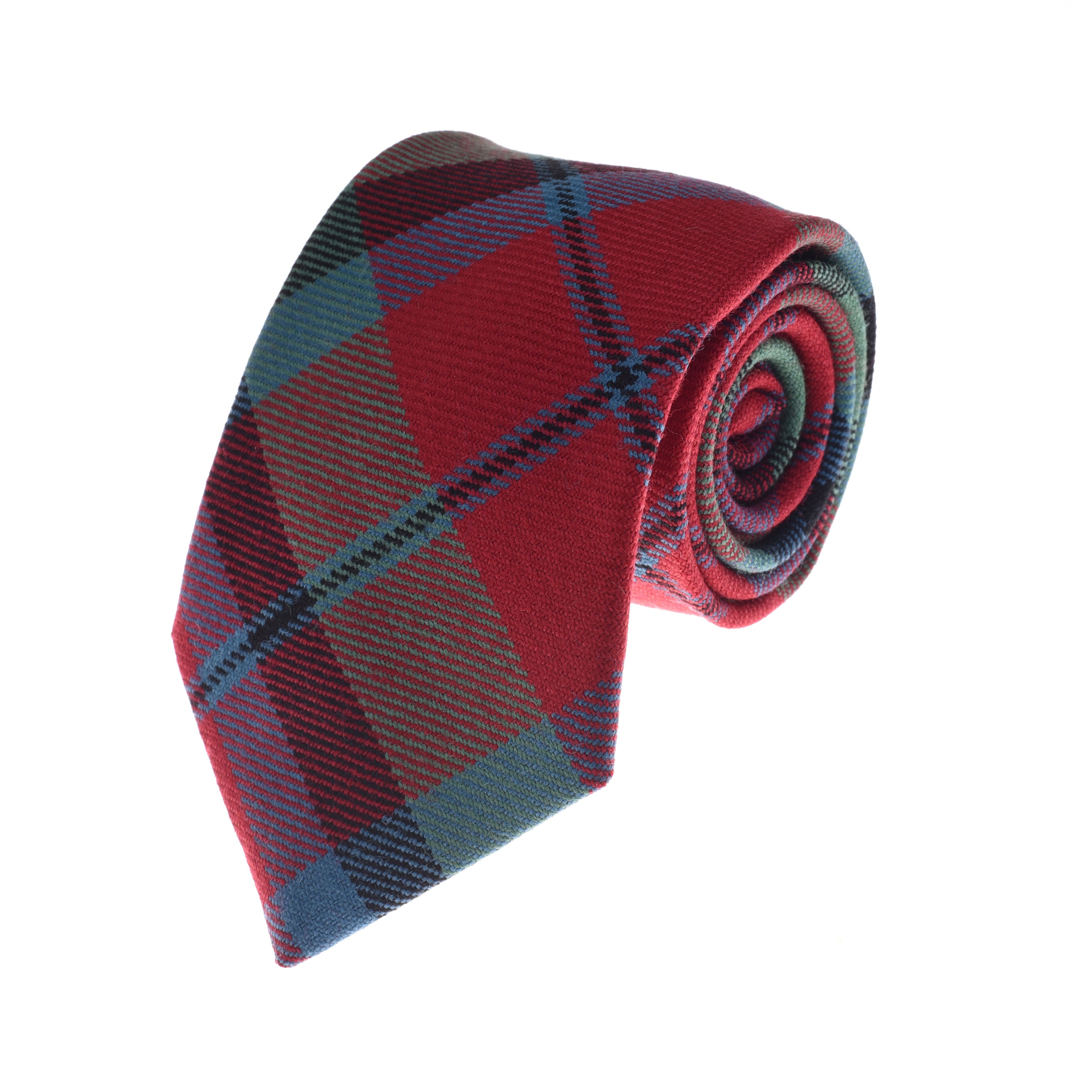 A Campbells of Beauly Tartan Tie in red, blue, and green wool is rolled up on a white background, displaying its textured checkered pattern with the pointed end facing forward.