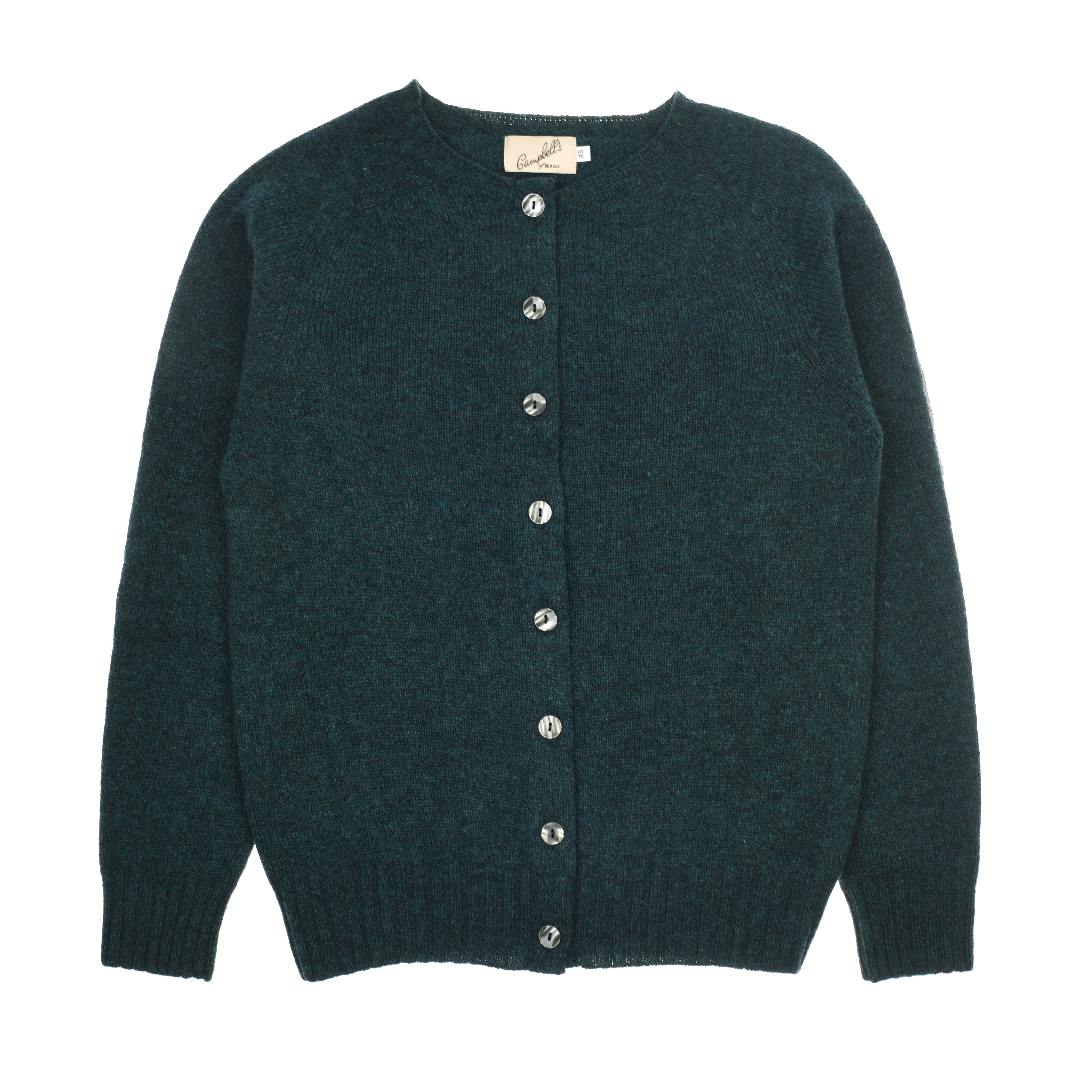 The Crew Cardigan by Campbells of Beauly is a dark teal, long-sleeved Geelong lambswool crew neck with ribbed cuffs and hem, shiny round front buttons, and a beige brand tag at the neckline.