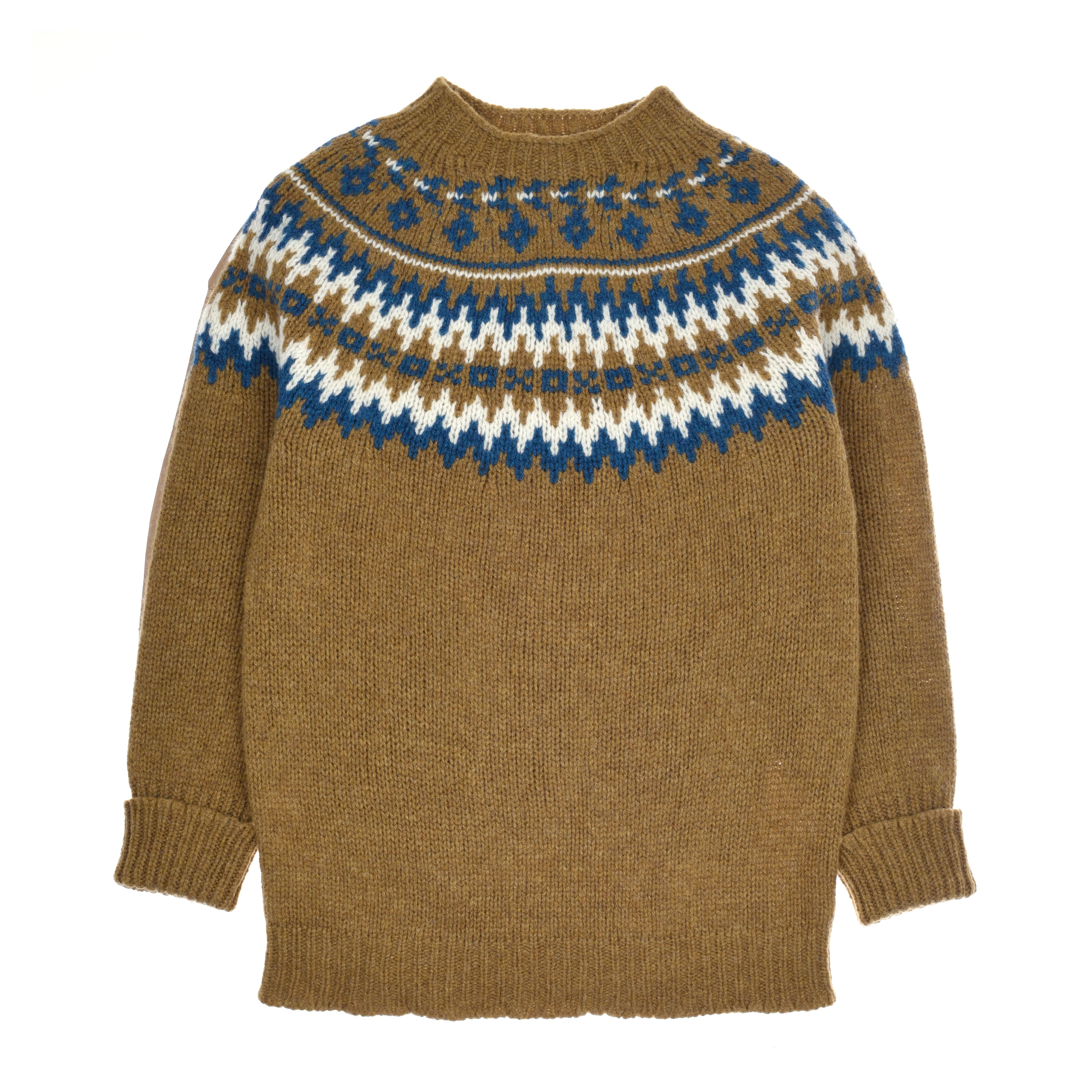 The Chunky Fairisle Jumper by Campbells of Beauly is a brown Shetland wool knit with long sleeves, a round neckline, and a yoke featuring blue, white, and dark brown geometric Fairisle patterns—a cozy winter essential.