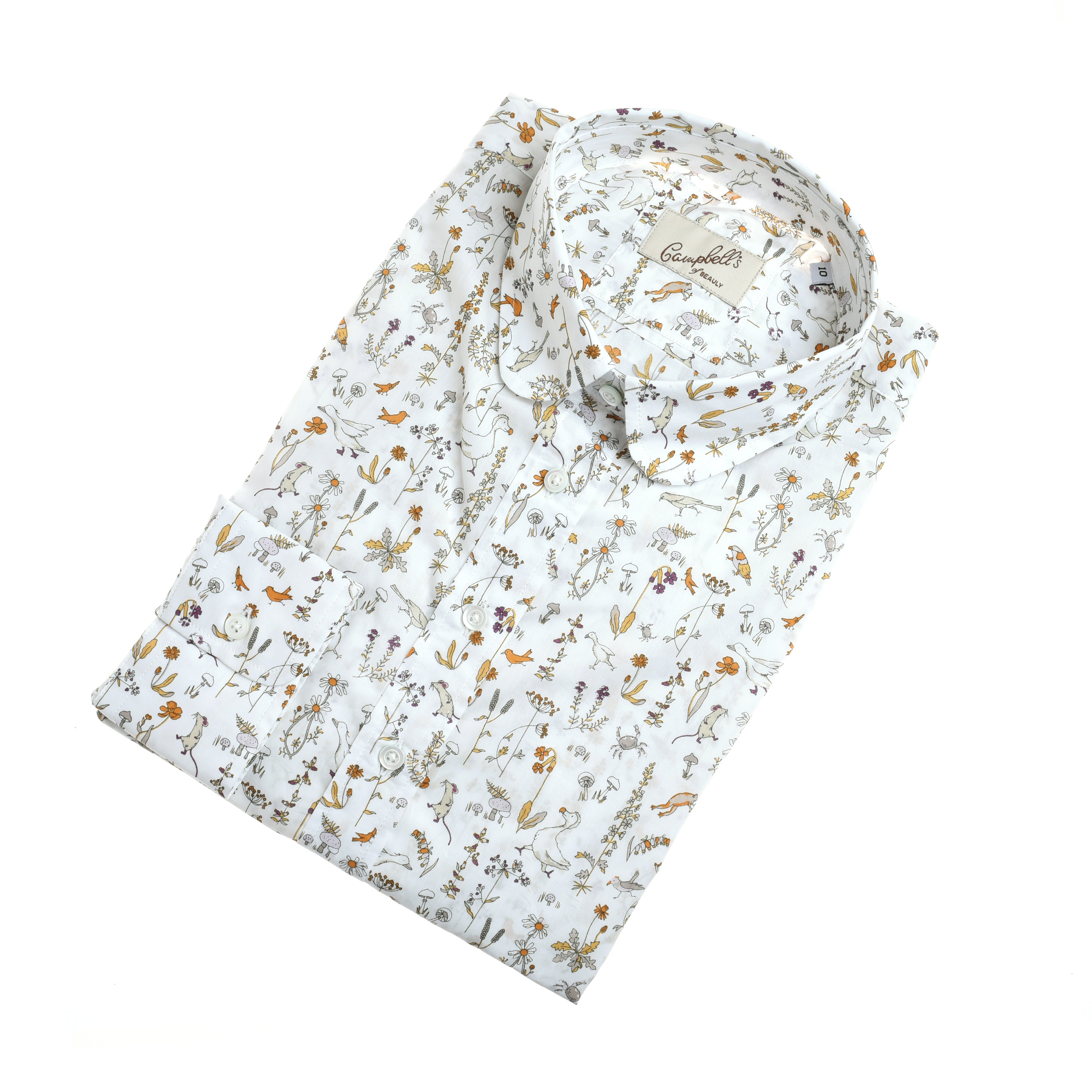 The Liberty Print Cotton Shirt by Campbells of Beauly features a delicate, colorful floral pattern on fine Tana Lawn cotton, classic collar, and visible Campbells label at the neckline. Photographed against a plain white background.
