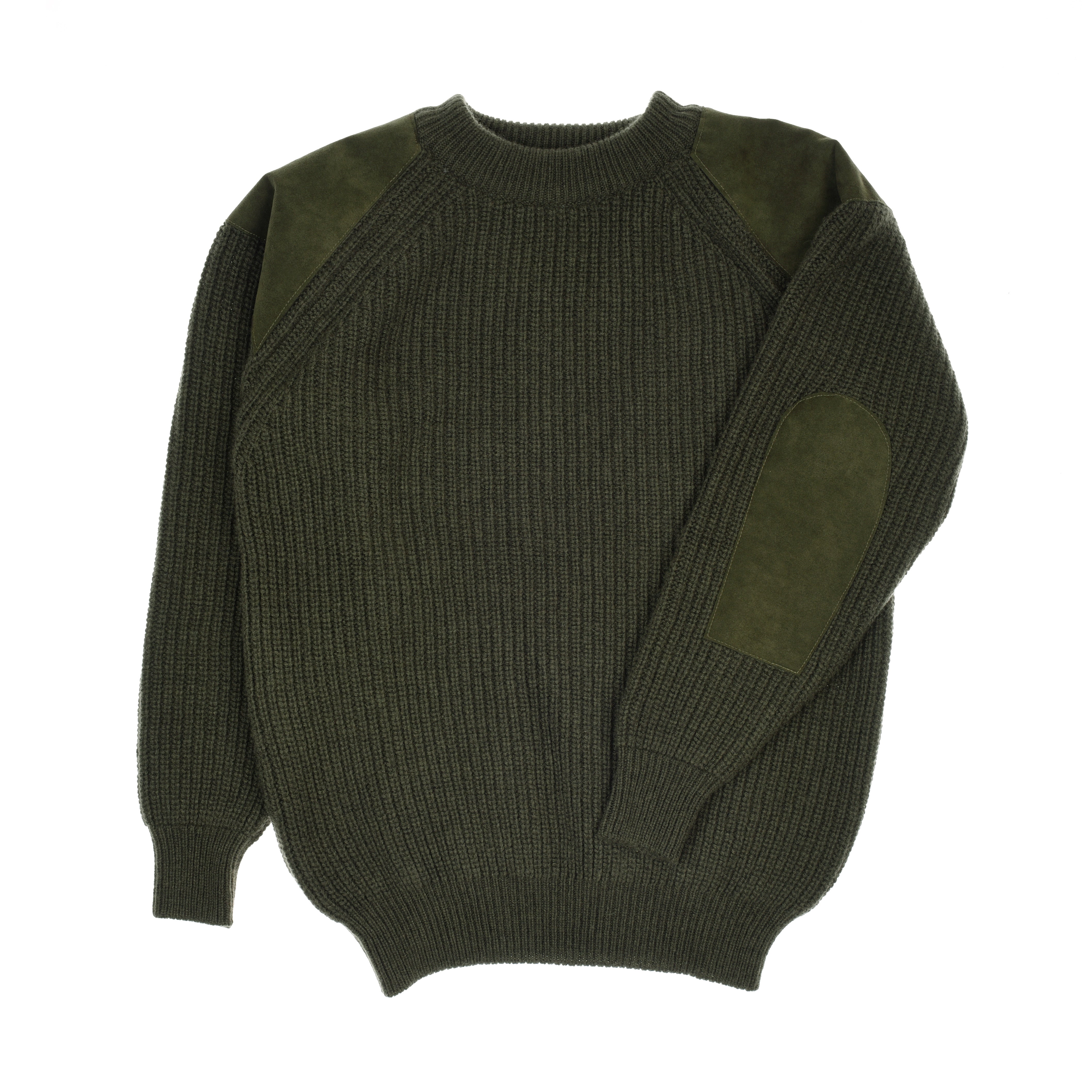 The Lux Cashmere Shooter Crew Jumper by Campbells of Beauly is a dark green, ribbed knit cashmere piece with reinforced olive suede shoulder patches and a matching oval patch on the right elbow—perfect for any country wardrobe.