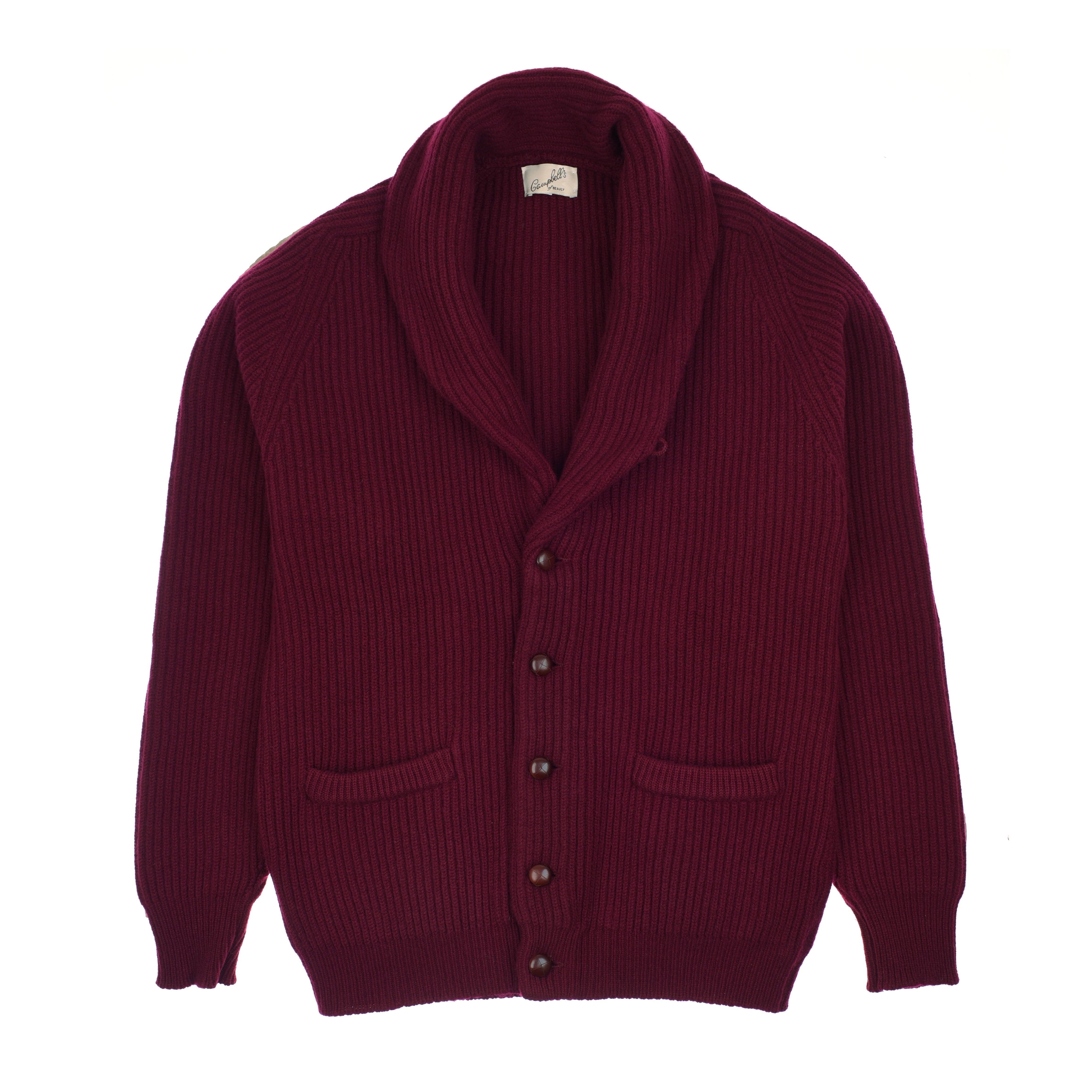 The Campbells of Beauly Shawl Collar Cardigan is a classic 4-ply burgundy knit with long sleeves, chunky ribbed texture, lambswool shawl collar, brown front buttons, and two small pockets. Shown laid flat on a white background.