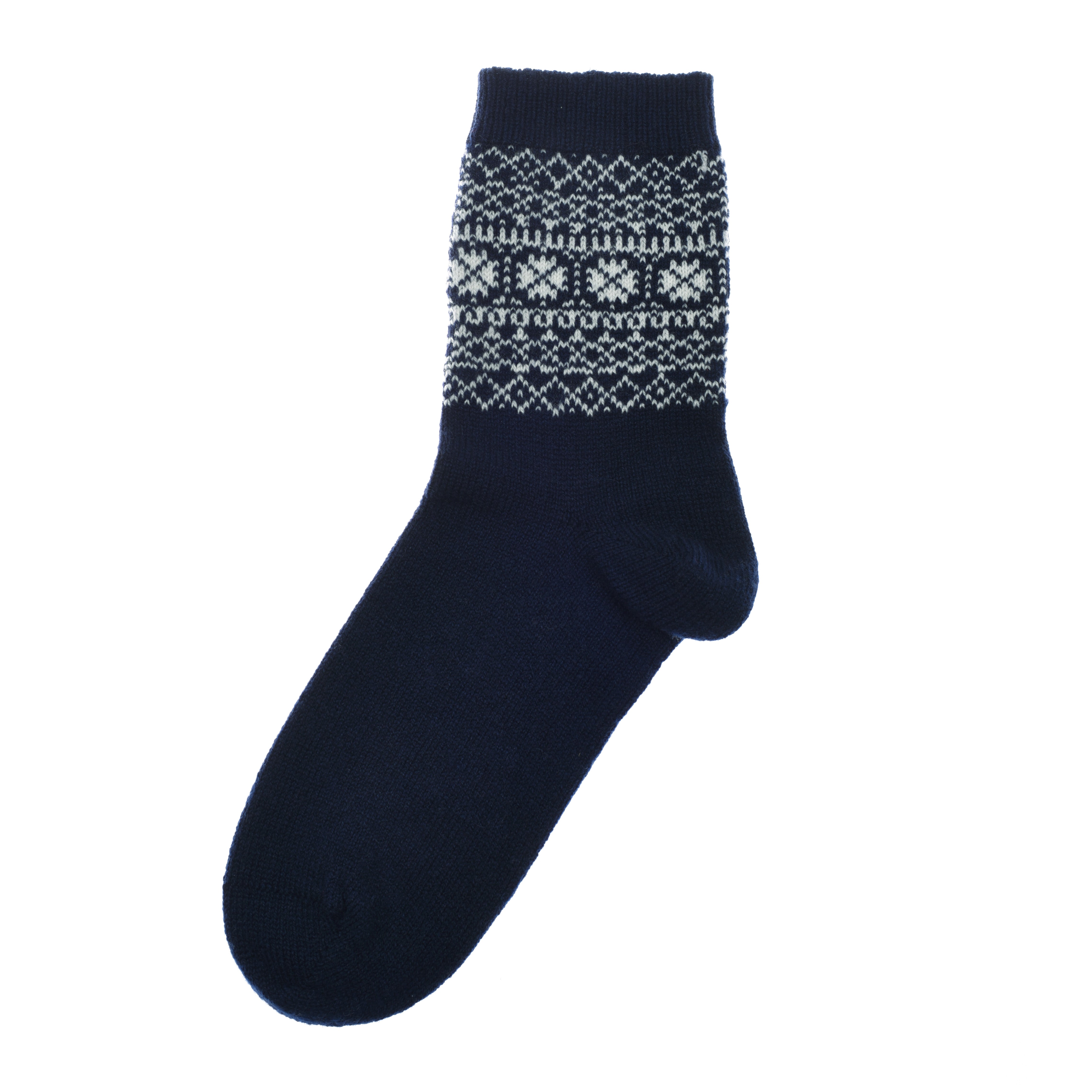 A single dark blue Two-Colour Fairisle Cashmere Sock by Campbells of Beauly, featuring a white geometric and snowflake pattern around the ankle, is laid flat on a white background showing its full shape, heel, and toe.