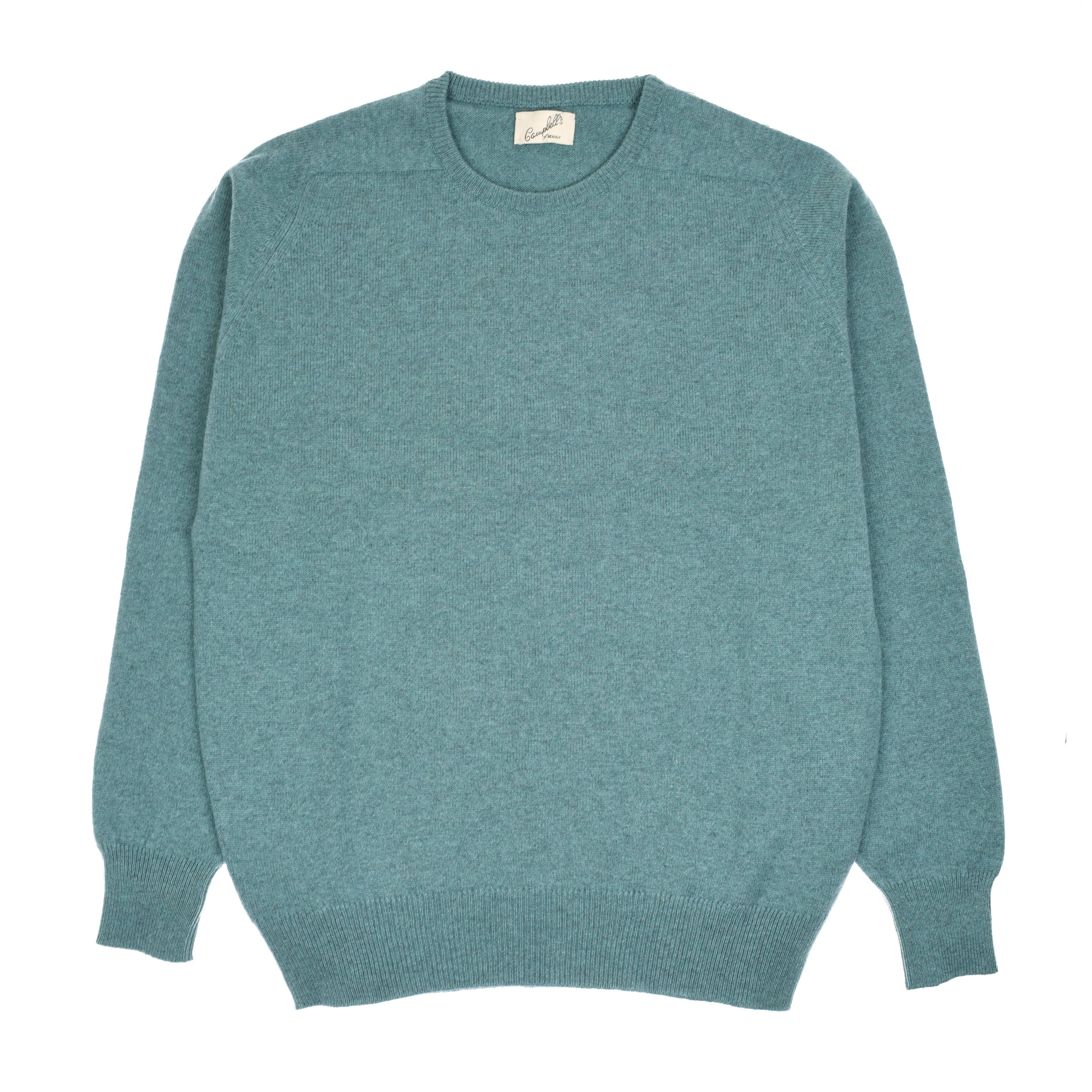 The Campbells of Beauly Lambswool Crew Neck Jumper in teal features long sleeves, ribbed cuffs, hem, and neckline. This soft lambswool jumper is pattern-free with a small white label inside the collar and no visible fasteners.