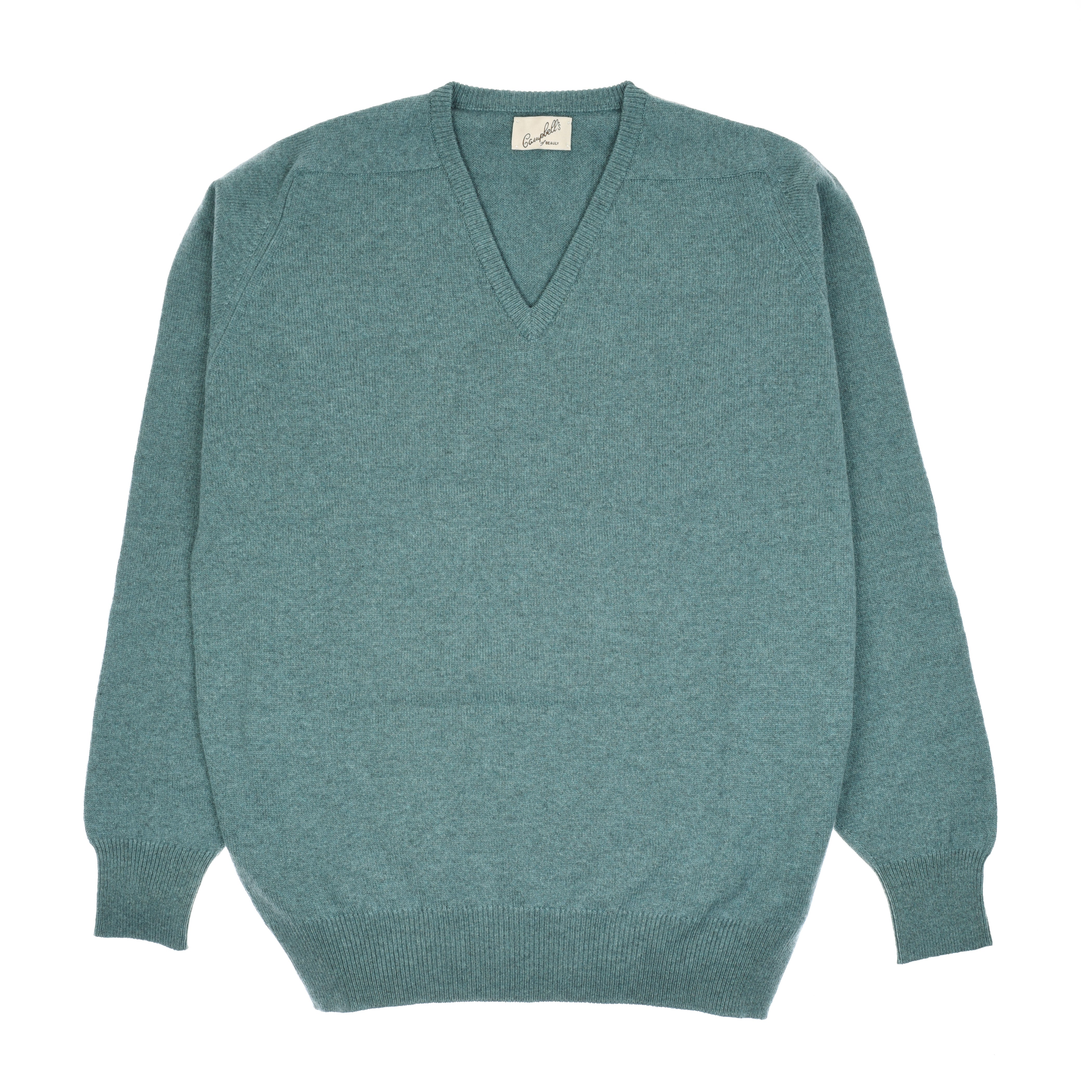 A light teal Lambswool V-Neck Jumper by Campbells of Beauly with long sleeves is laid flat on a white background. This classic-fit Scottish-made jumper has ribbed cuffs, hem, neckline, and a small beige label inside the collar.