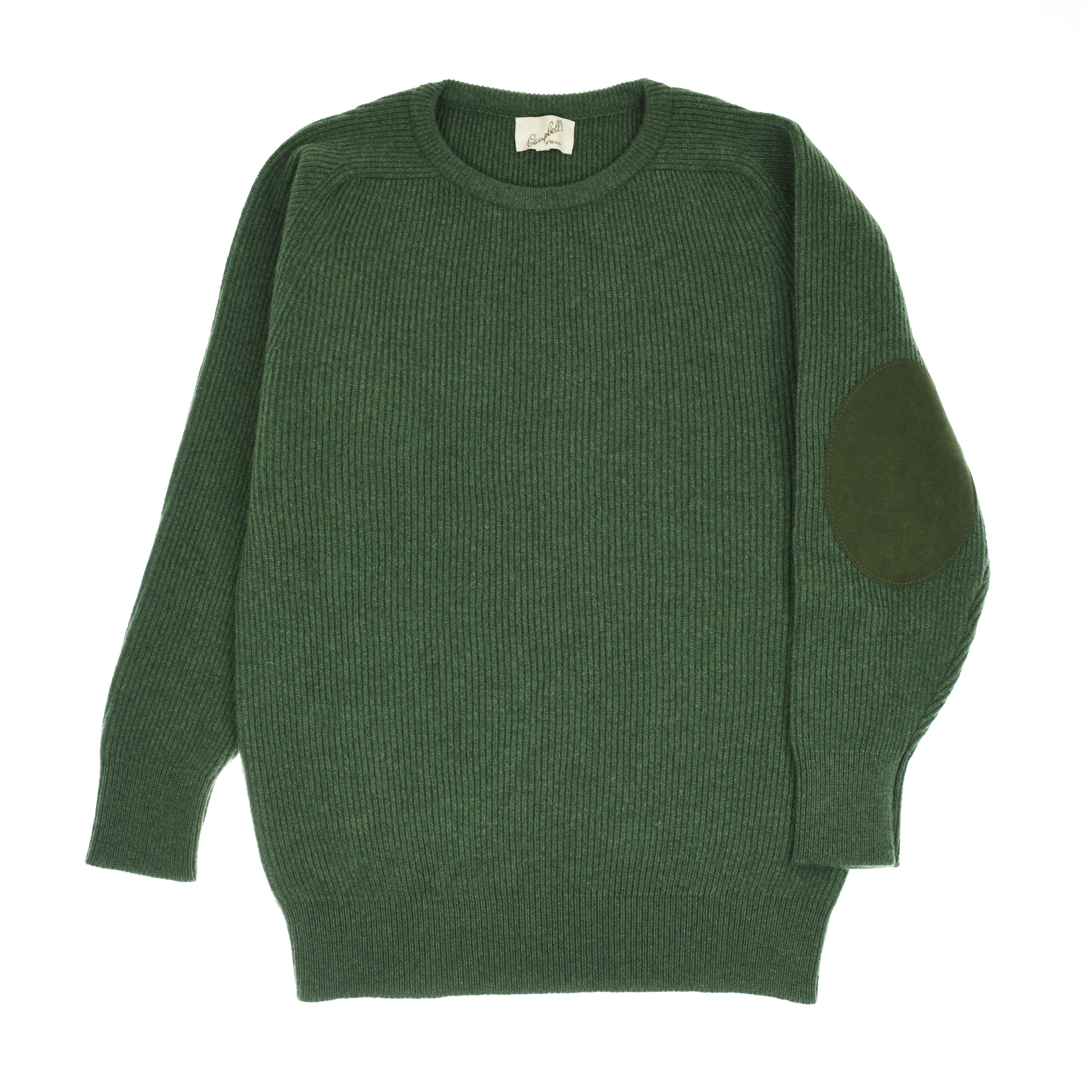 The Fishermans Rib Crew Jumper by Campbells of Beauly is a green ribbed knit sweater with long sleeves and a dark green suede elbow patch on the right sleeve, shown flat on a white background with a white tag at the neckline.