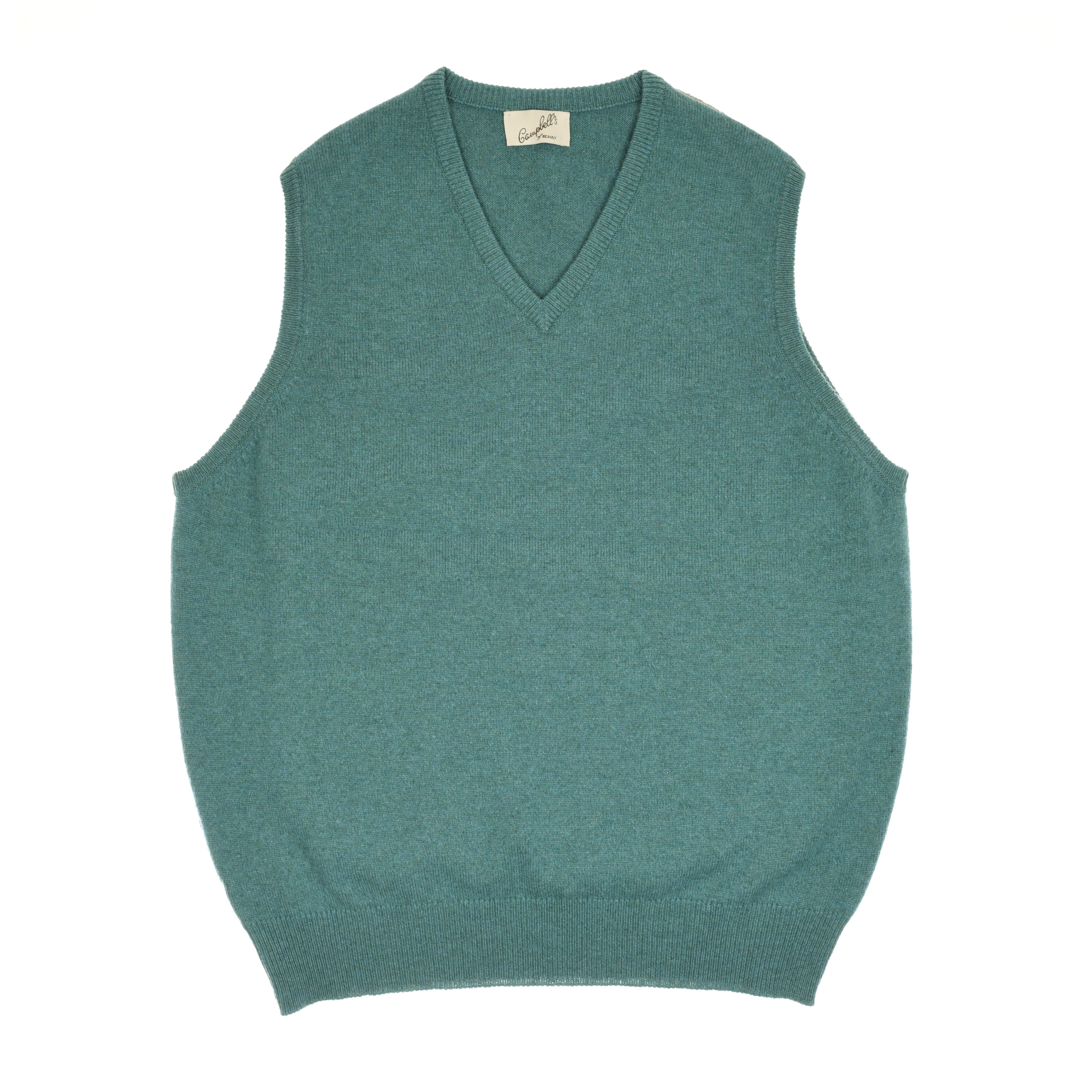 The Campbells of Beauly Lambswool V-Neck Slipover is a sleeveless teal vest with a ribbed hem, classic design inspired by Scottish Borders knitwear, and features a visible brand label inside the neck, shown flat on a white background.
