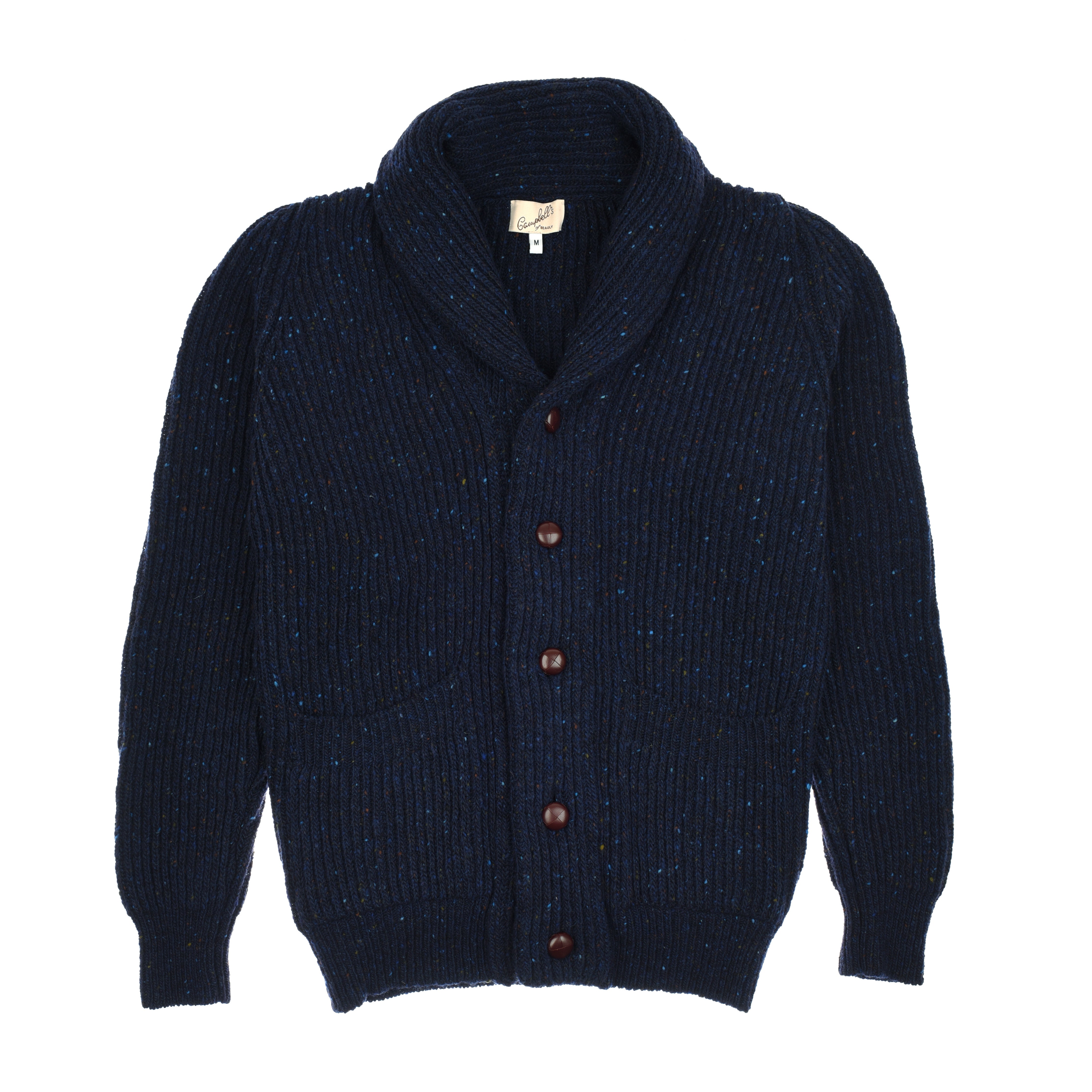 The Campbells of Beauly Donegal Lambswool Shawl Collar Cardigan is a navy blue, ribbed knit sweater with long sleeves, leather buttons, two front pockets, and a textured finish, shown laid flat on a white background.