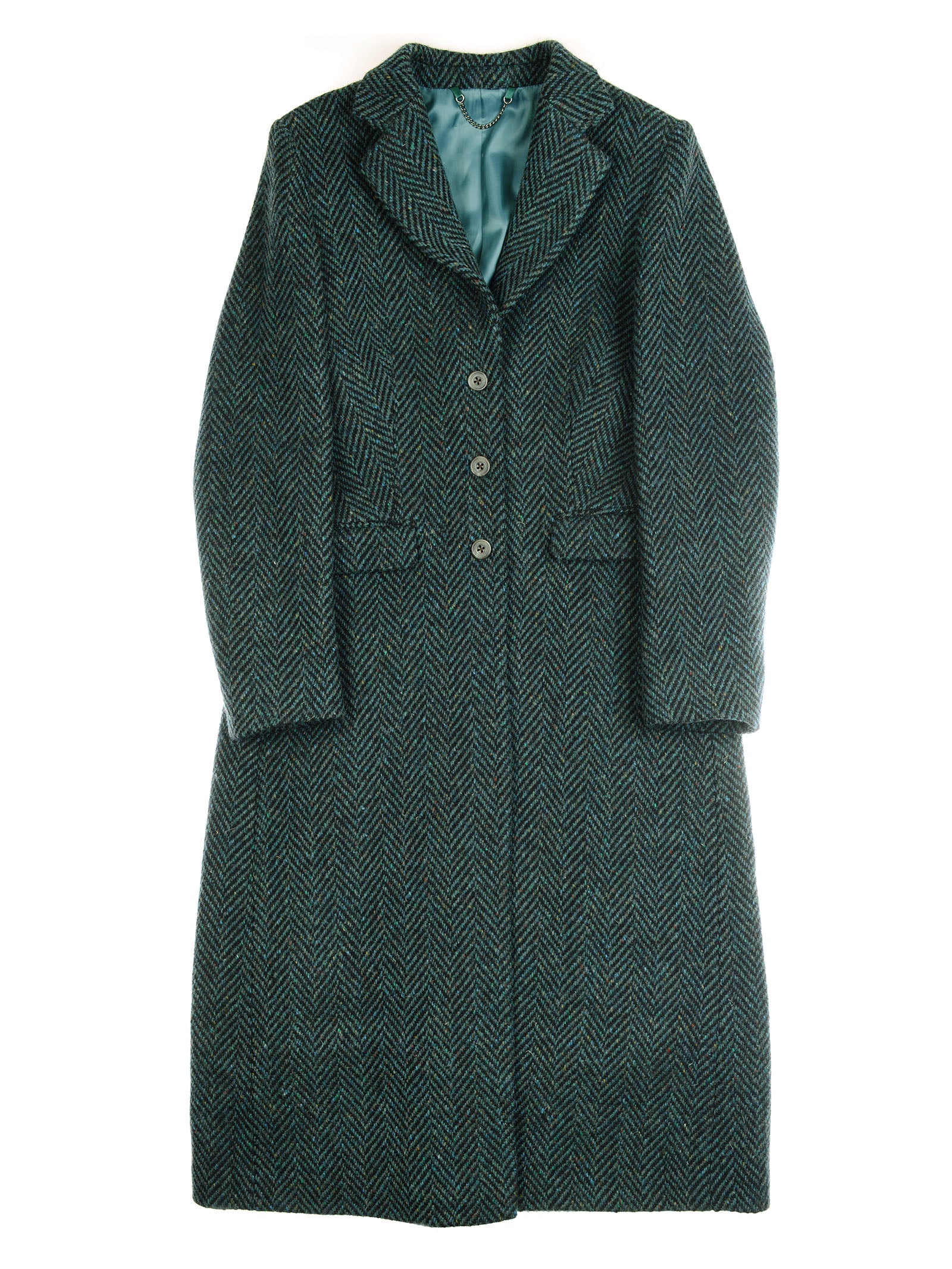 The Donegal Herringbone Coat by Campbell’s of Beauly is a long teal coat crafted from rich wool in a classic herringbone pattern. Featuring three buttons down the front, two front pockets, a lapel collar, and a light blue lining, this timeless piece evokes the elegance of a traditional country coat. Shown laid flat on a white background.