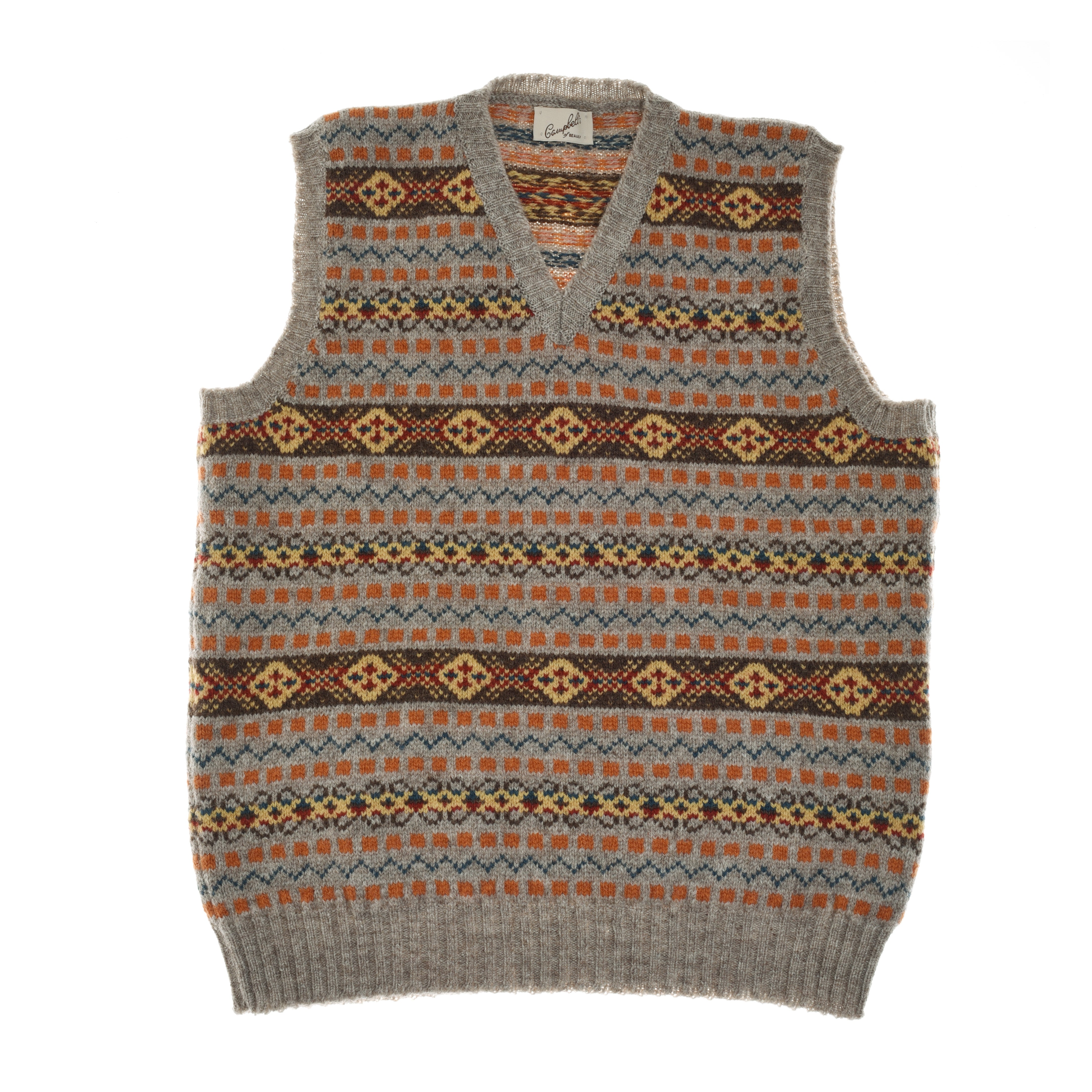 The Campbells of Beauly Fairisle Slipover is a gray, V-neck, knitted vest with orange, yellow, and brown geometric diamond bands in a classic Fairisle design. Shown sleeveless and laid flat on a white background.