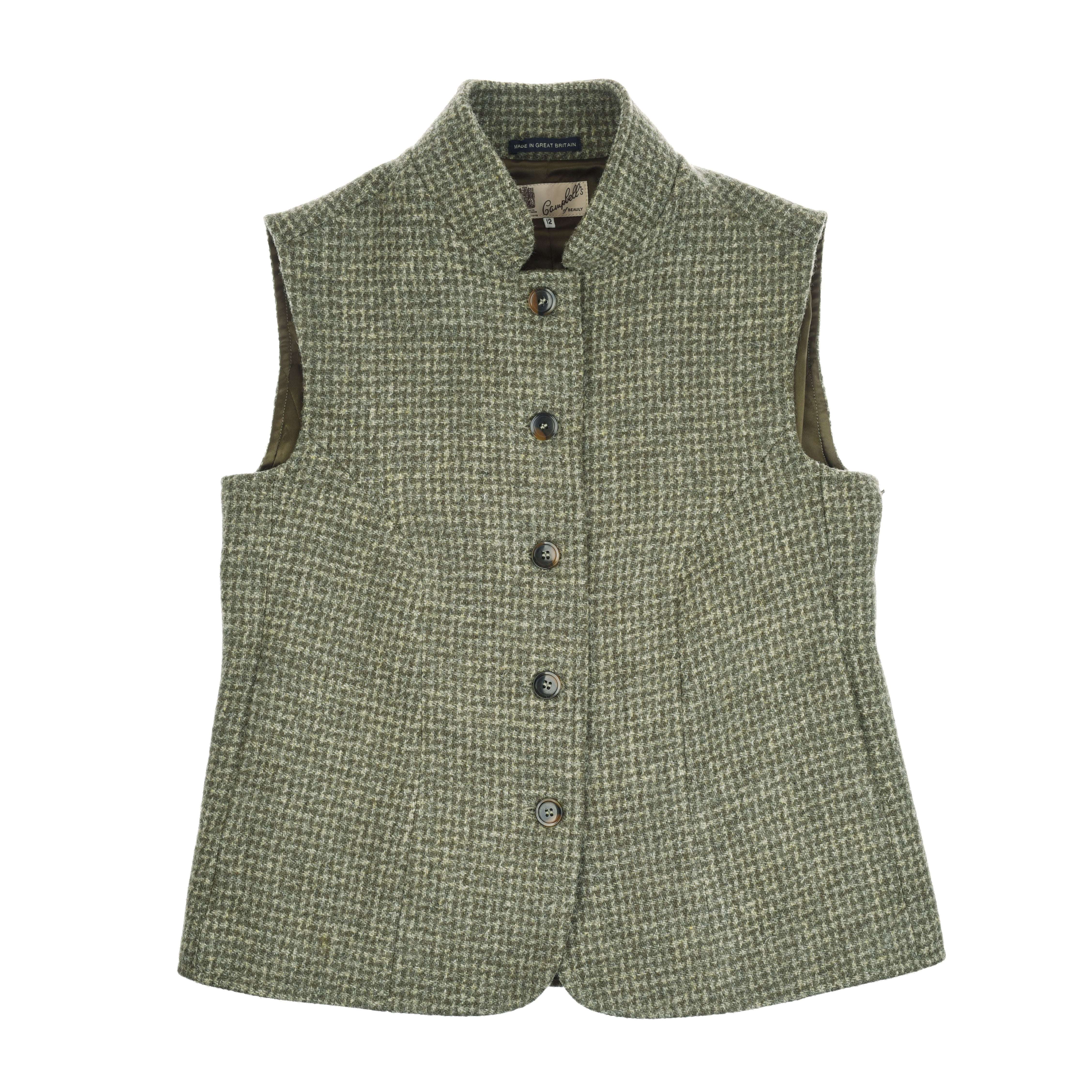 The Harris Tweed Houndstooth Gilet by Campbells of Beauly features a sleeveless green and white houndstooth wool design with five buttons, a stand-up collar, straight hem, olive lining, and brand label inside the collar.