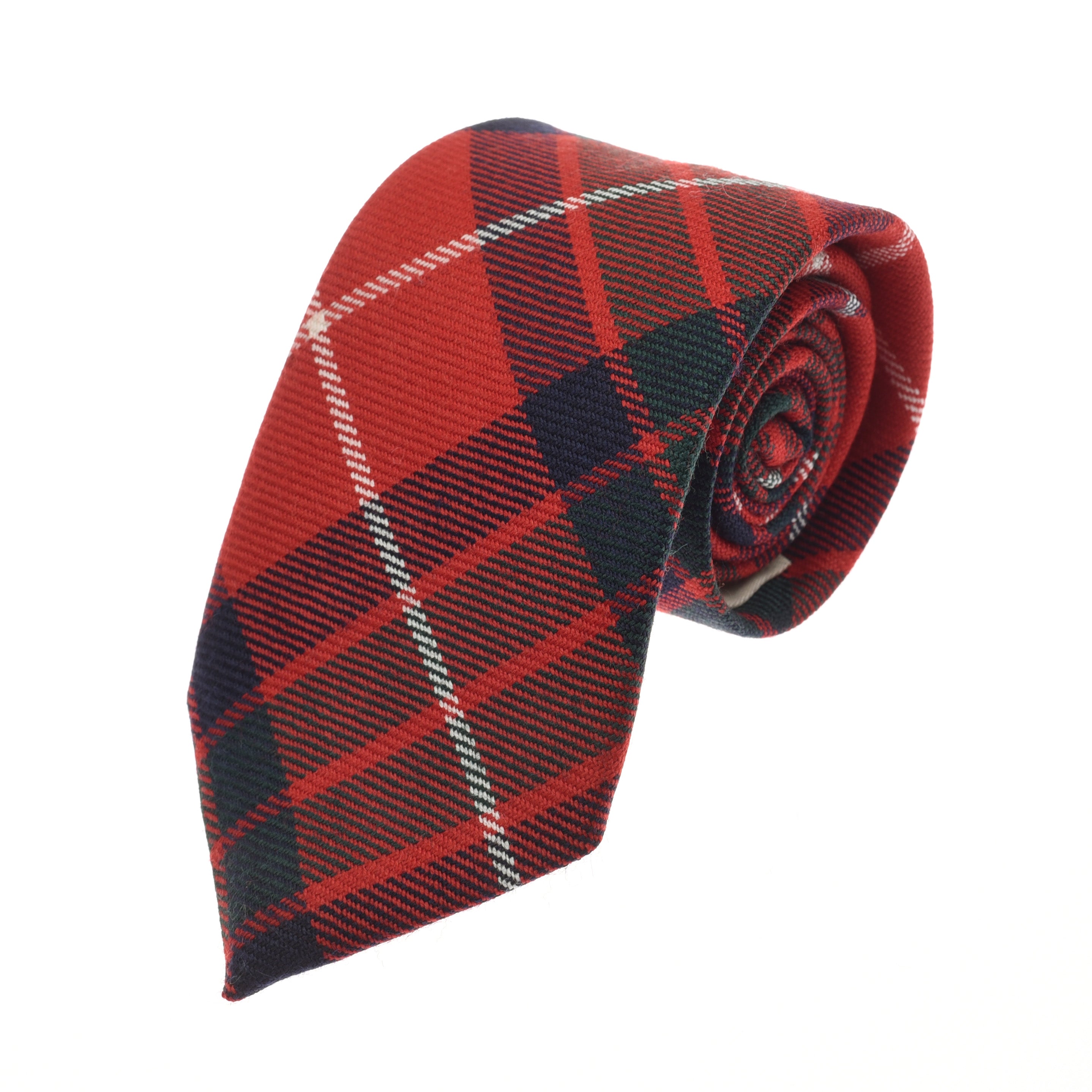 The Campbells of Beauly Tartan Tie features a red base with black, white, and dark green plaid stripes, perfect for classic formalwear. Displayed rolled up on a plain white background.