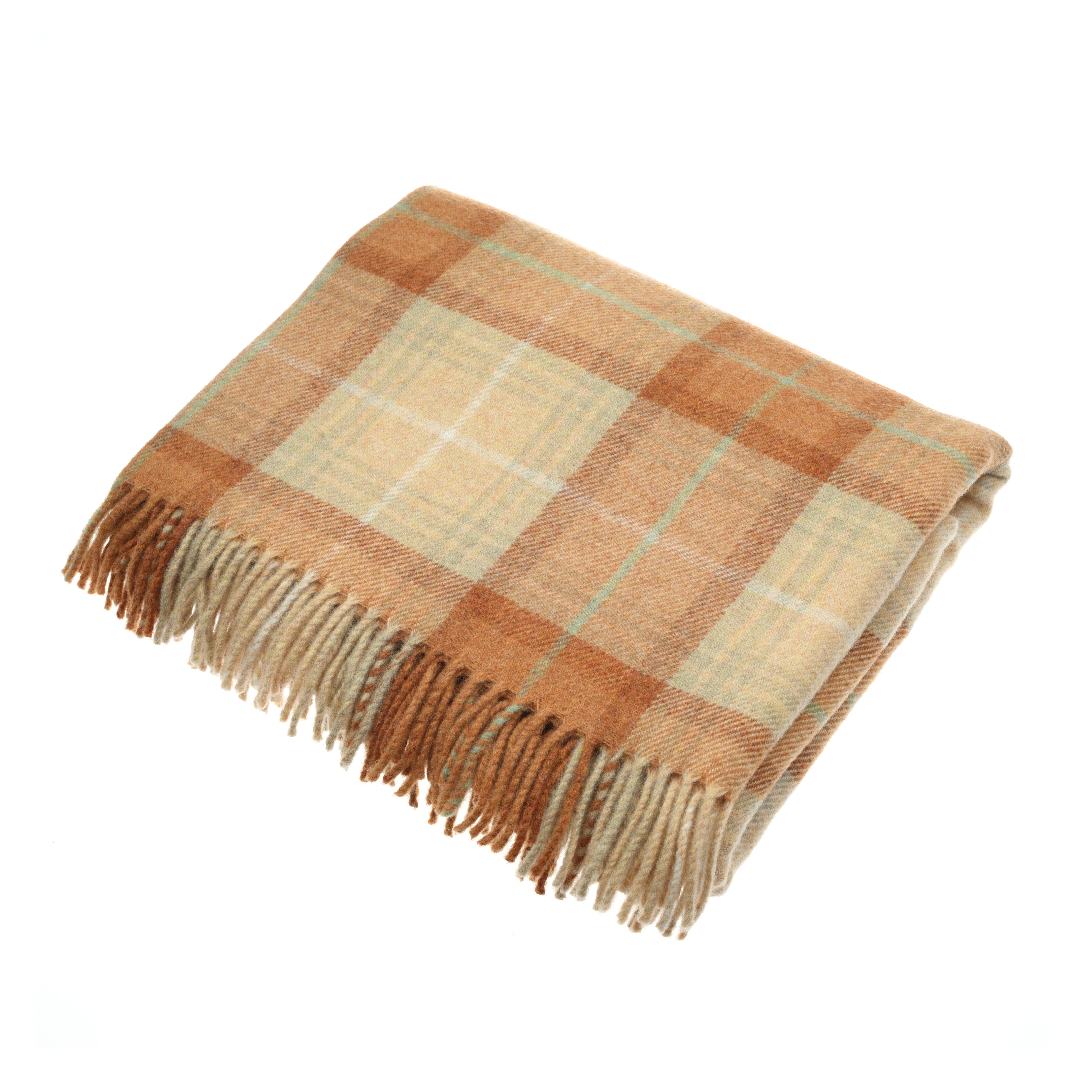 The Lindores Throw by Campbells of Beauly is a folded lambswool blanket with a beige, light brown, and tan plaid pattern, soft texture, and neat fringes, exemplifying Scottish craftsmanship against a plain white background.