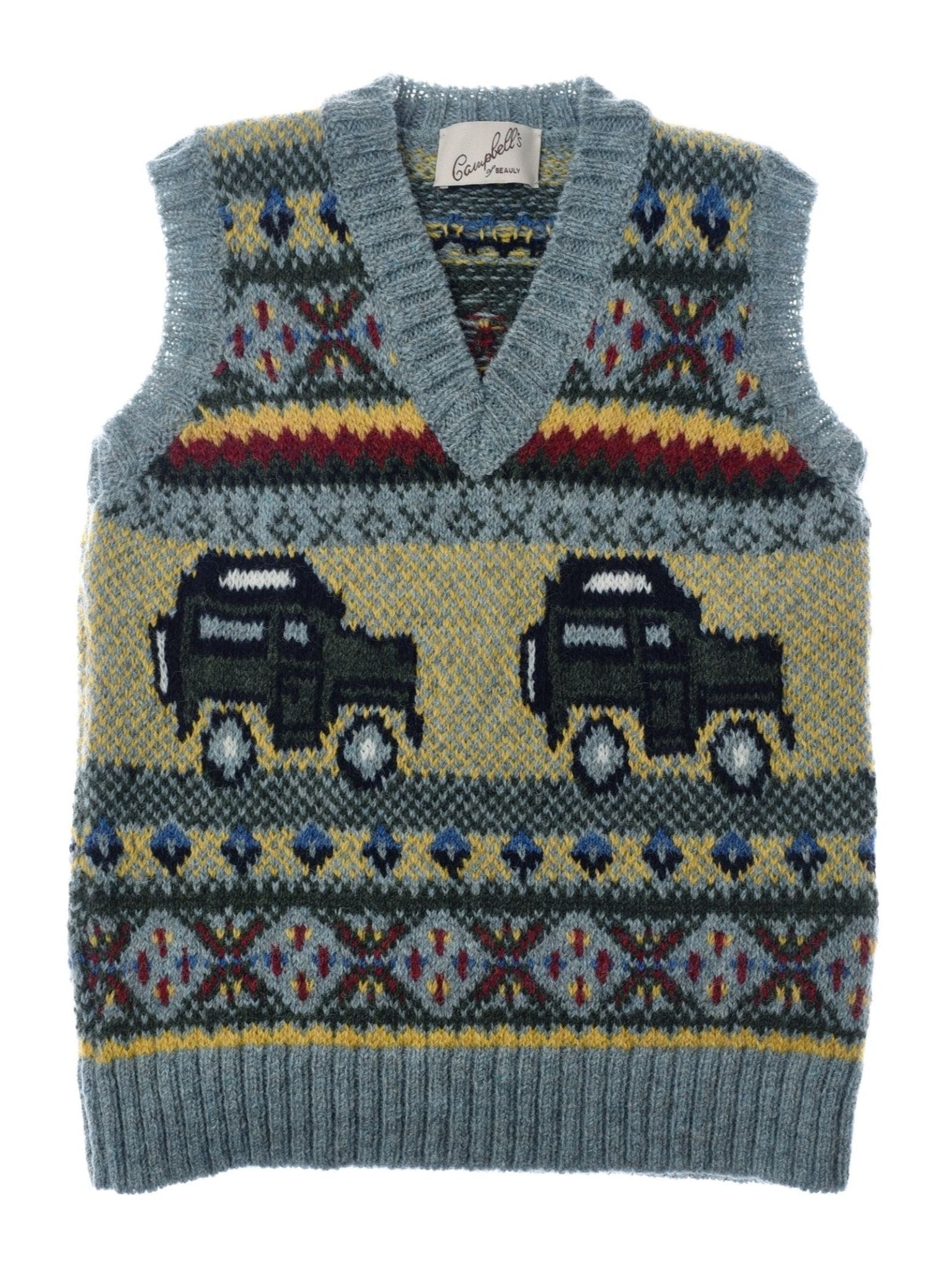 Introducing the Mini Land Rover Defender Fairisle Slipover by Campbell’s of Beauly—a sleeveless, knitted V-neck featuring two black car motifs inspired by the iconic Land Rover Defender, alongside vibrant geometric Fairisle patterns in blue, red, yellow, and green—perfect for kids’ countryside adventures.