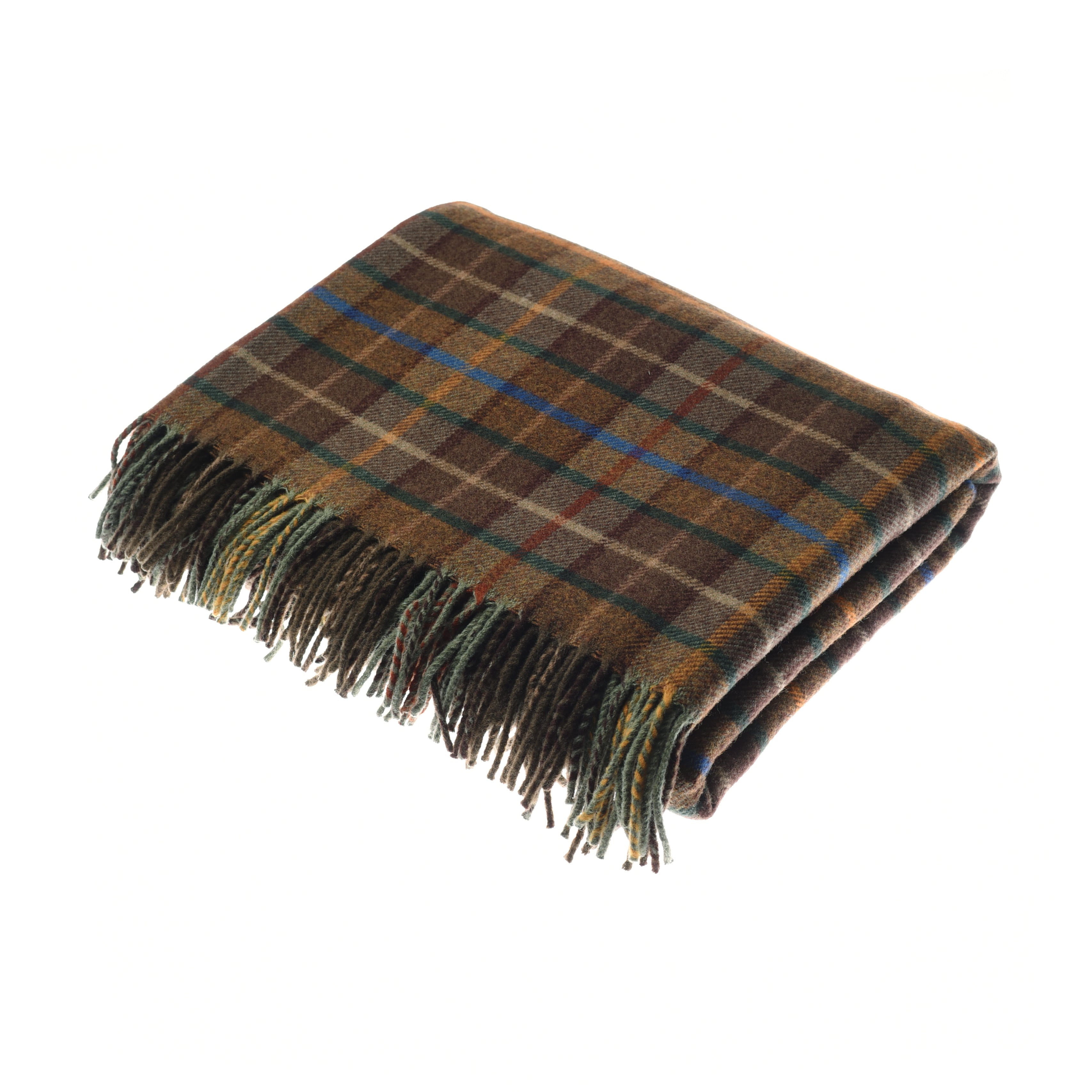 The Campbells of Beauly Lavender Throw, inspired by the Scottish Borders, is a folded lambswool blanket with a brown tartan plaid pattern featuring blue, green, and yellow stripes and fringed edges, displayed on a white background.