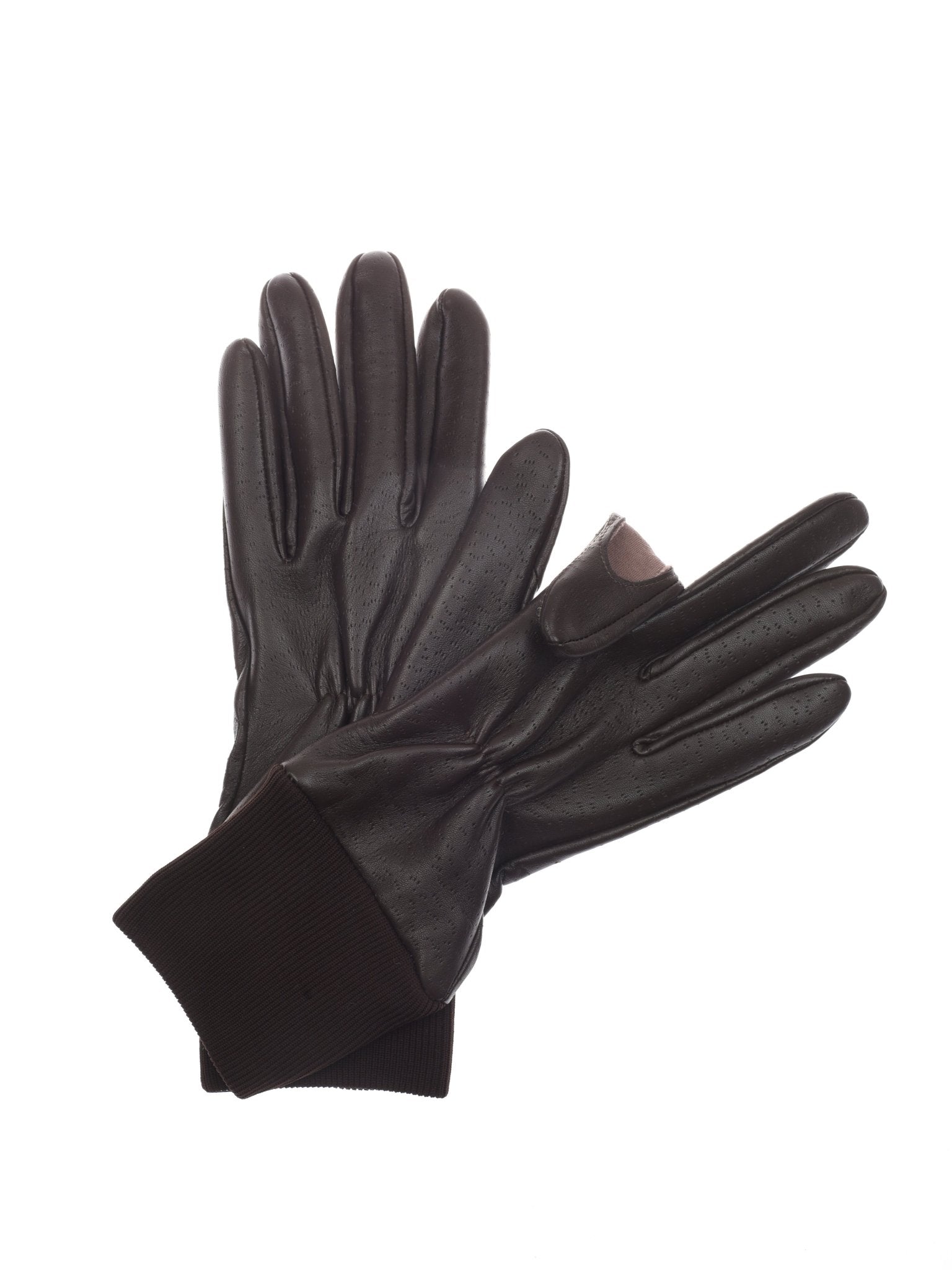 A pair of Campbell's of Beauly Shooting Gloves in brown hairsheep leather with ribbed cuffs, one atop the other, featuring a touch-friendly patch on the index finger; both stylish and water-resistant for daily wear.