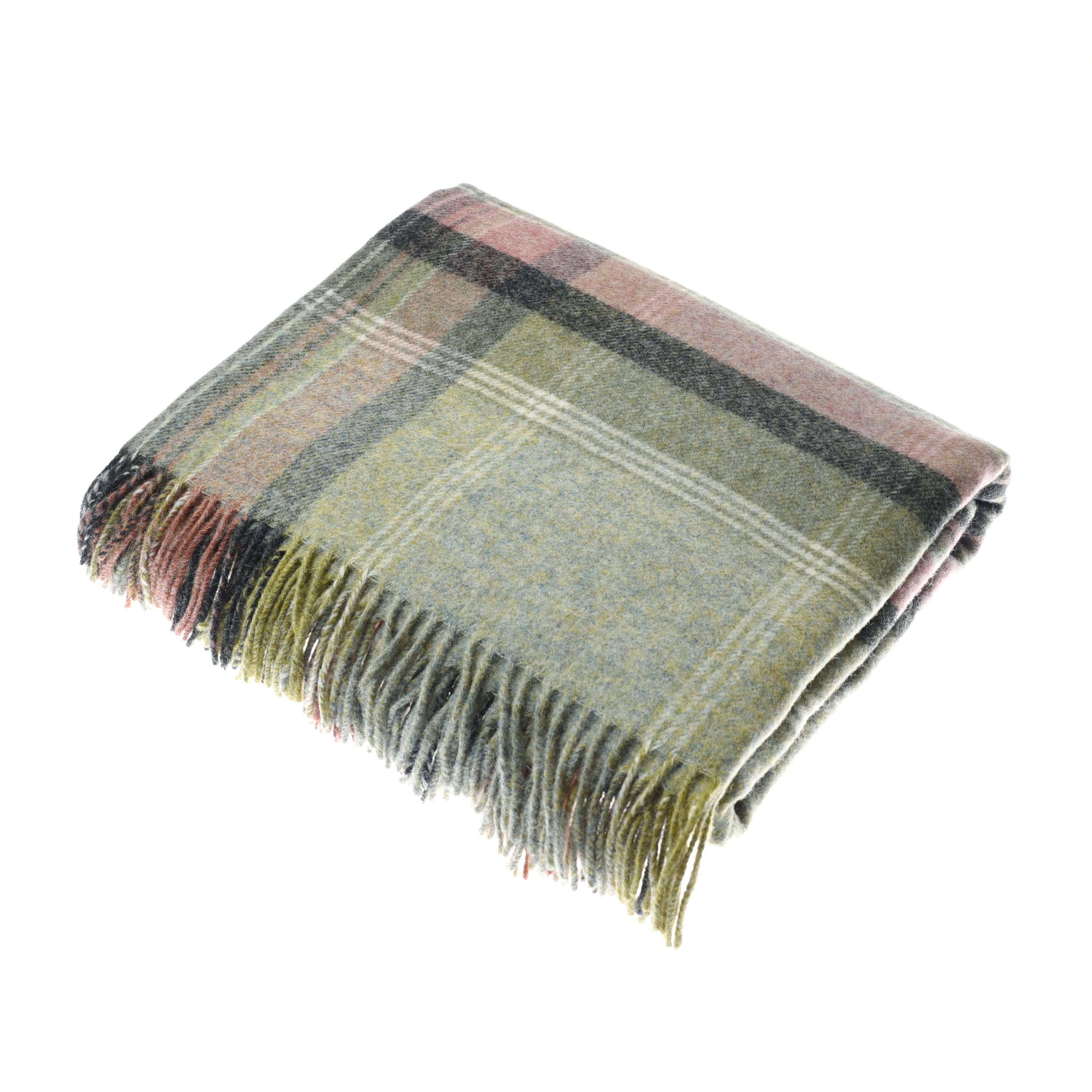 The Inchmore Lambswool Throw by Campbells of Beauly is a plaid blanket in muted green, pink, yellow, and gray tones, made in Yorkshire with fringed edges on two sides. Shown folded on a white background for a cosy look.