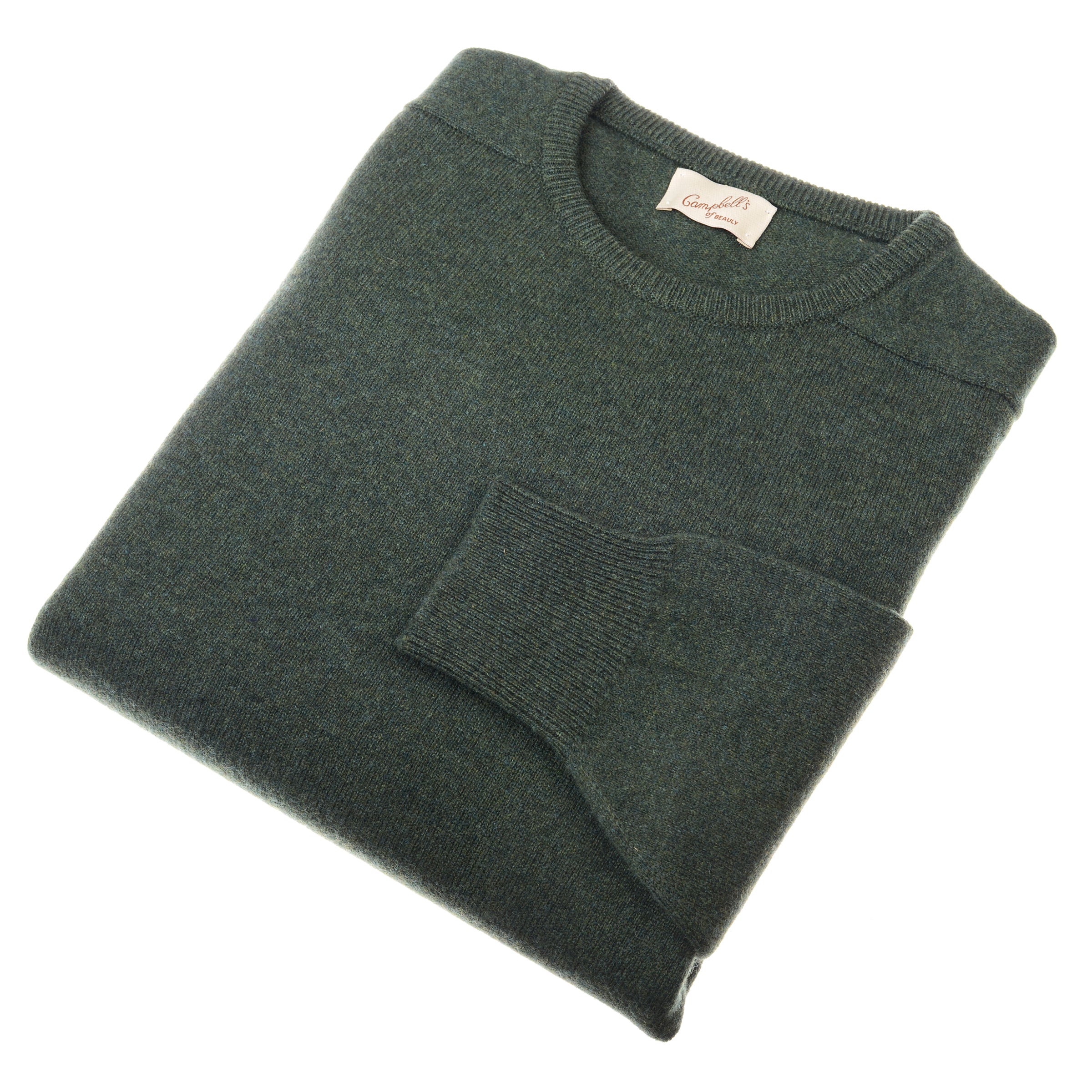 A folded forest green Campbells of Beauly Lambswool Crew Neck Jumper is shown on a white background. This soft knit features ribbed collar, cuffs, hem, and a branded tag sewn inside the neckline.
