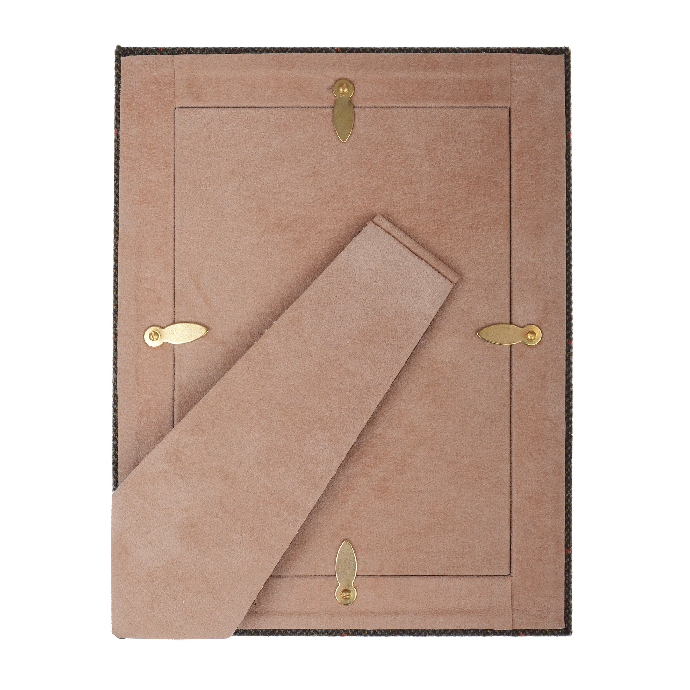 The Tweed Photoframe by Campbells of Beauly features soft beige suede, a dark patterned trim, three gold swivel tabs, and a matching easel stand for tabletop display—blending classic country charm with elegant detailing.