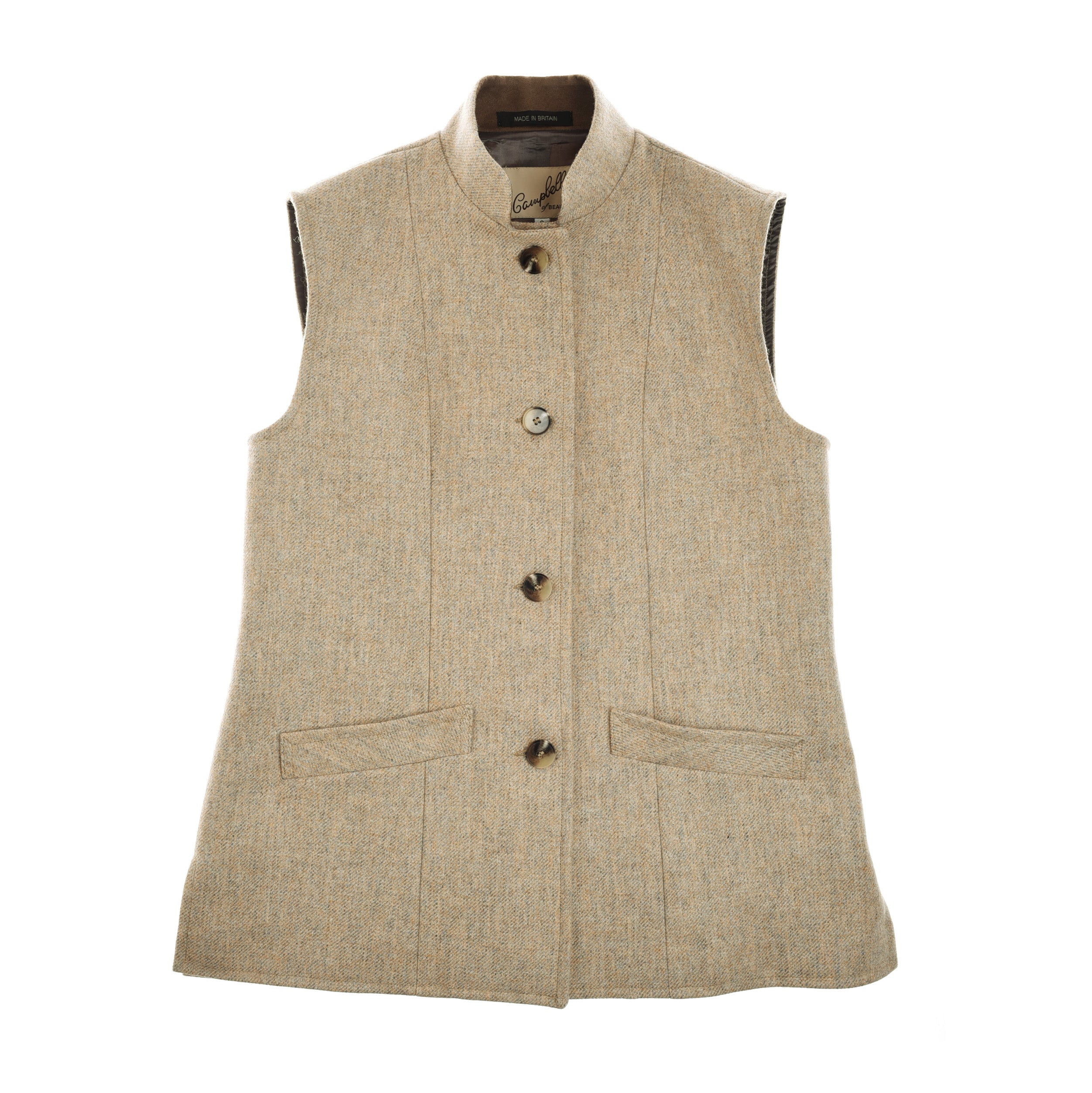 The Campbells of Beauly Nehru Pebble Gilet features a beige heathered finish, mandarin collar, four dark buttons, two front pockets, and a sleeveless design for timeless countryside style.