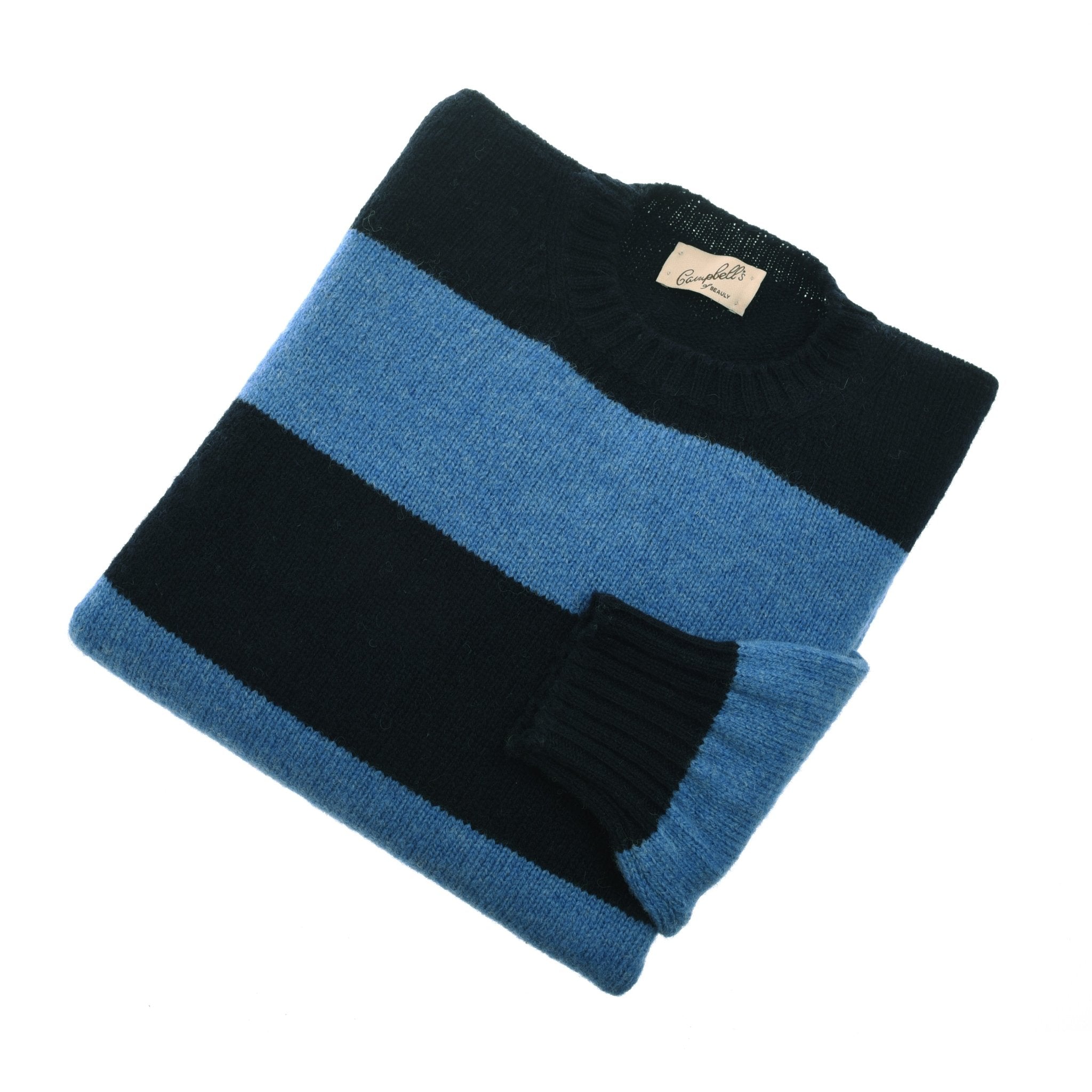 The Shetland Stripe Crew Jumper by Campbells of Beauly is neatly folded, showcasing wide blue Lovat and navy stripes, long sleeves, a ribbed collar, cuffs and hem, and a visible beige label at the neckline.