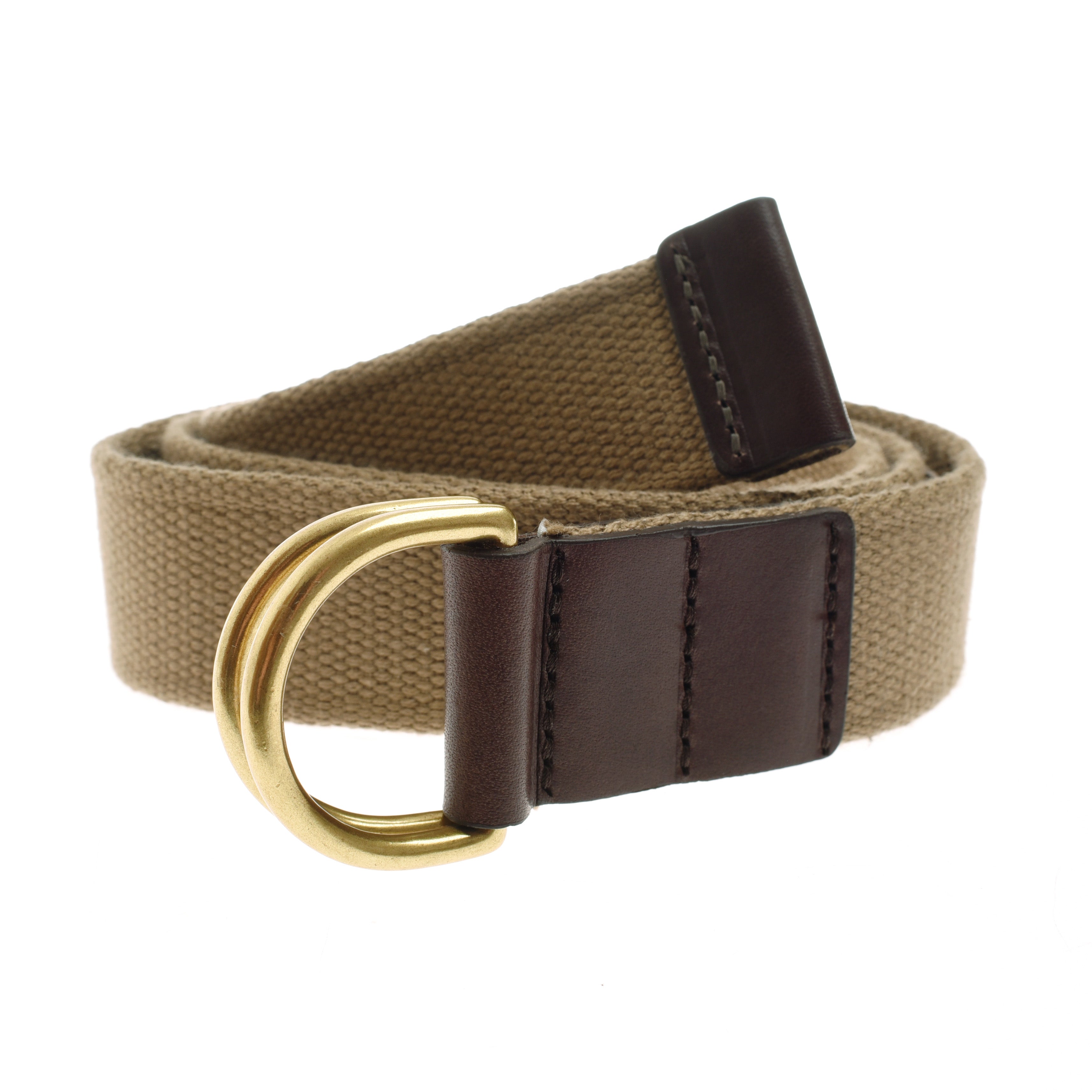 The Campbells of Beauly Loop Belt features a canvas strap with dark brown leather accents and brass-effect D-ring loops, shown coiled neatly on a white background.