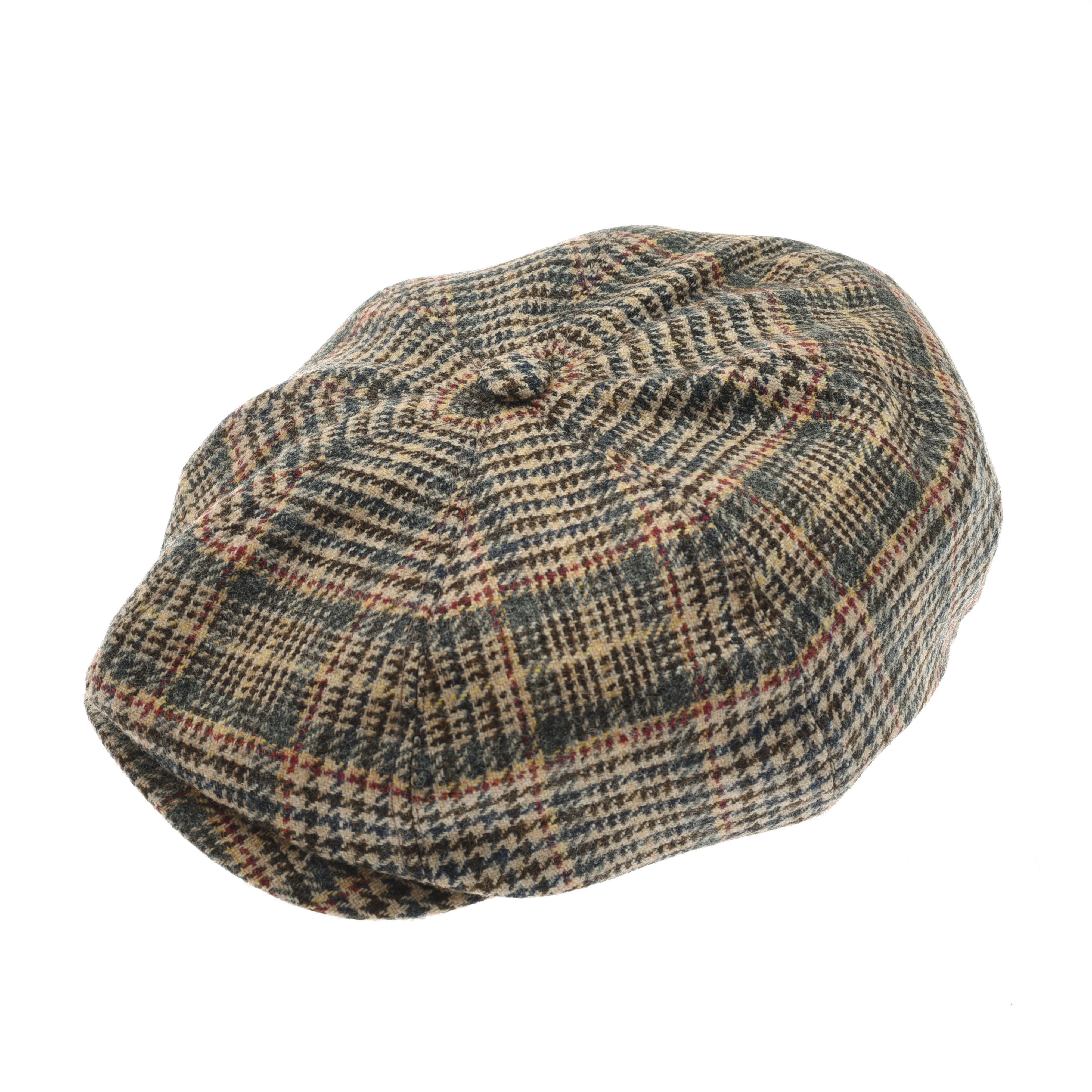 The Farrar Cap by Campbells of Beauly is an 8-piece wool flat cap featuring a brown, beige, and black check pattern with red accents, a round slightly puffy crown, and a short stiff brim inspired by British country heritage.