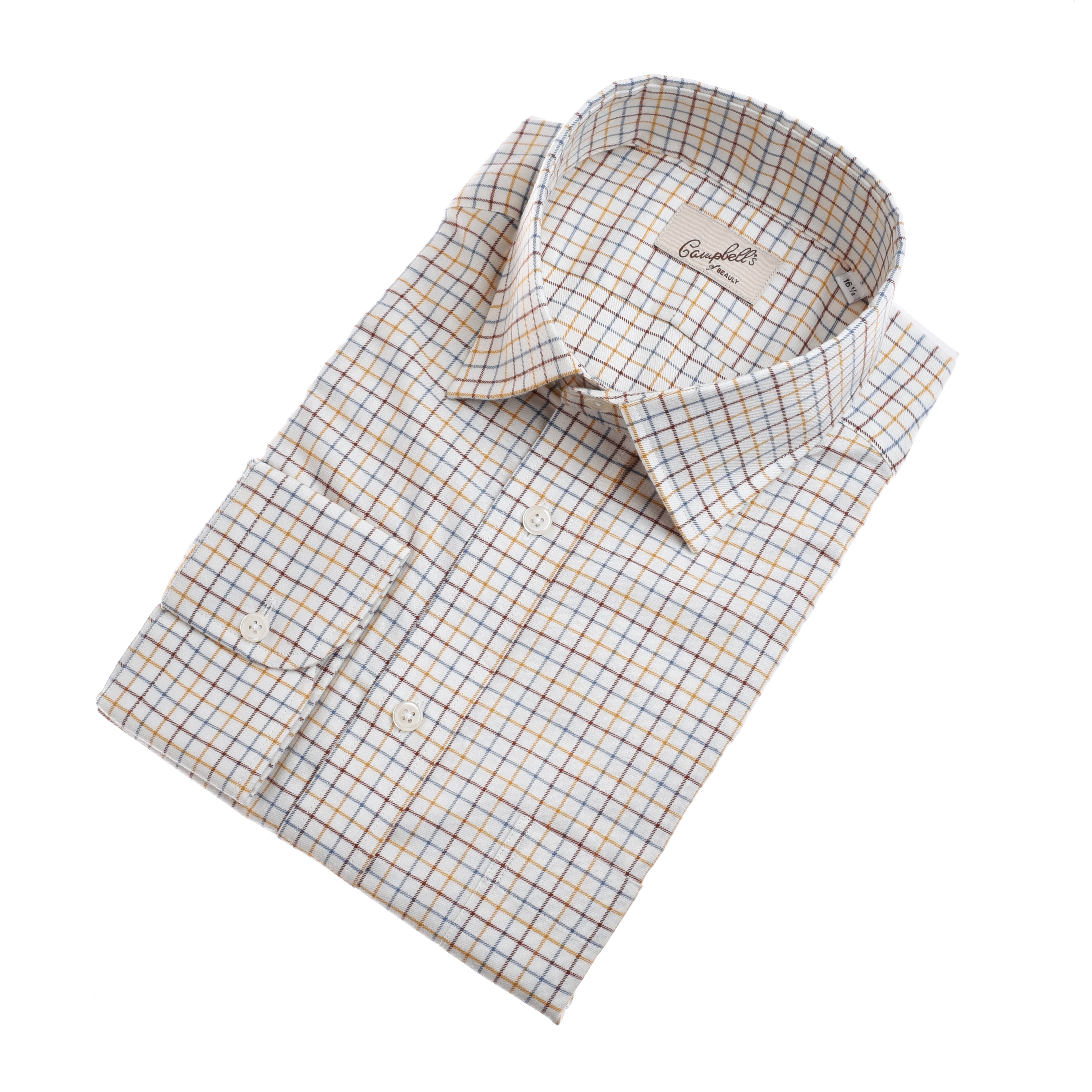 The Campbells of Beauly Windowpane Shirt is crafted from soft brushed cotton with a white base and thin blue and orange lines, featuring a pointed collar, chest pocket, and the “Campbell’s” label, displayed on a white background.