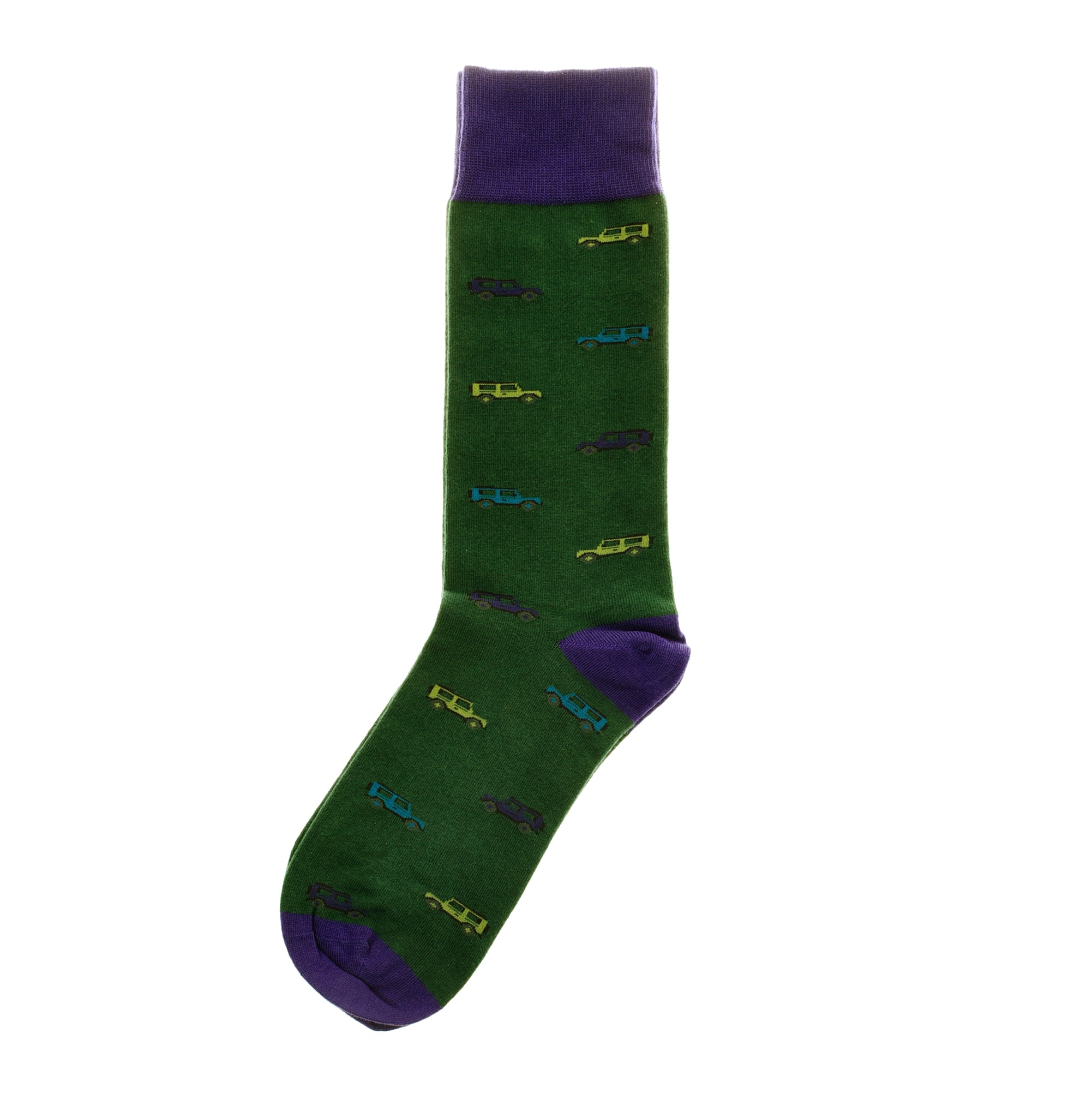 The Campbells of Beauly Land Rover Defender Socks feature a green cotton design with purple cuff, heel, and toe, and small colorful Defender-inspired cars. Laid flat on a white background, they make an ideal gift for Defender fans.