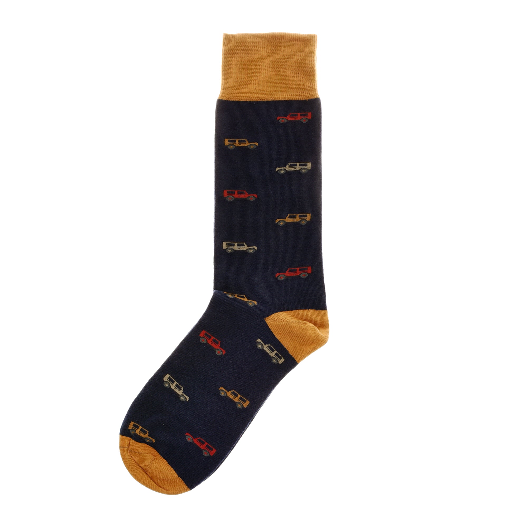The Land Rover Defender Socks by Campbells of Beauly are navy blue cotton socks with mustard yellow cuff, heel, and toe, featuring a repeating pattern of vintage Land Rover Defenders—a perfect gift for enthusiasts.