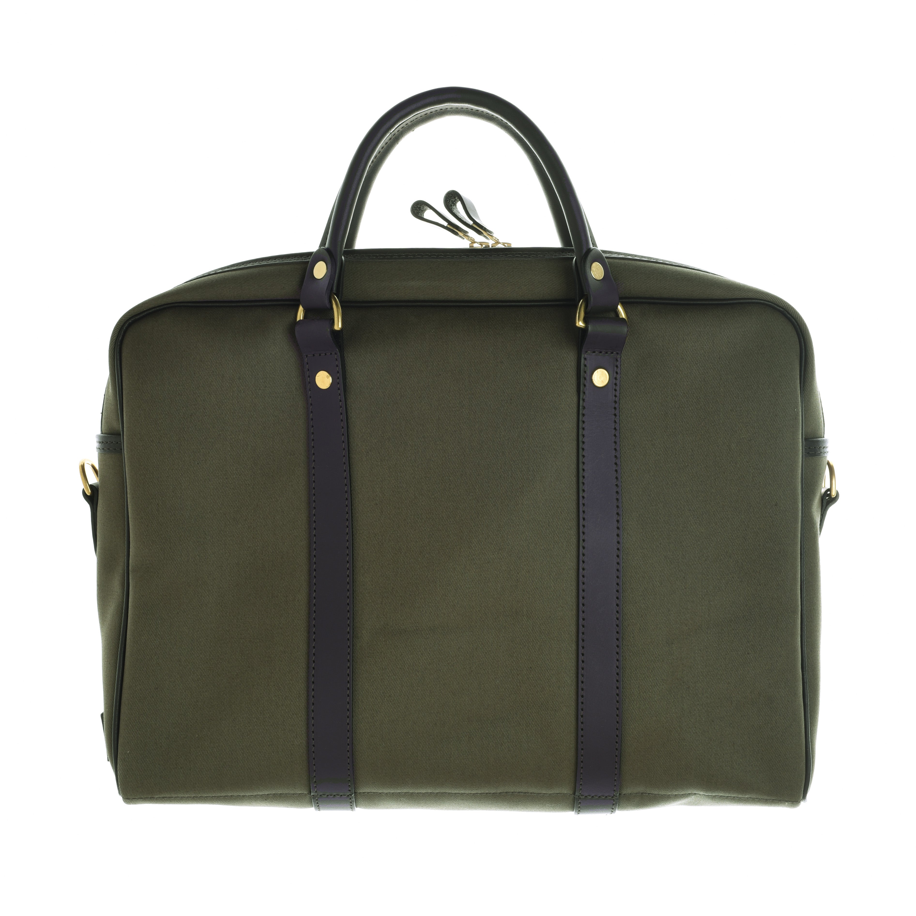 Campbells of Beauly Laptop Bag: structured olive green canvas with black leather handles and vertical trim, gold-tone hardware, padded lining, and a top Riri zip closure for a minimalist professional look.