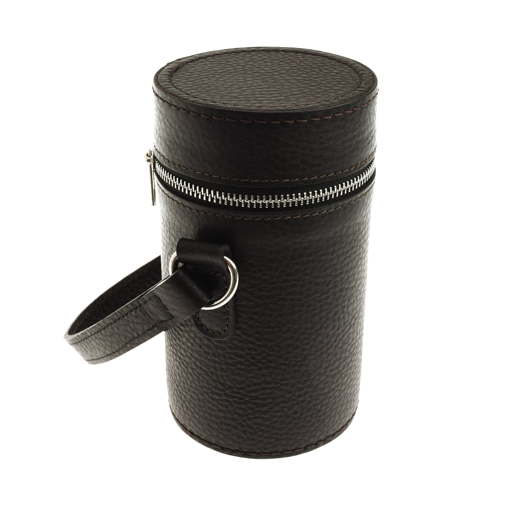 The Triple Flask Set by Campbells of Beauly features a cylindrical black leather case with a textured surface, silver zipper near the top, and a side strap attached by a metal ring—ideal for outdoor enthusiasts.