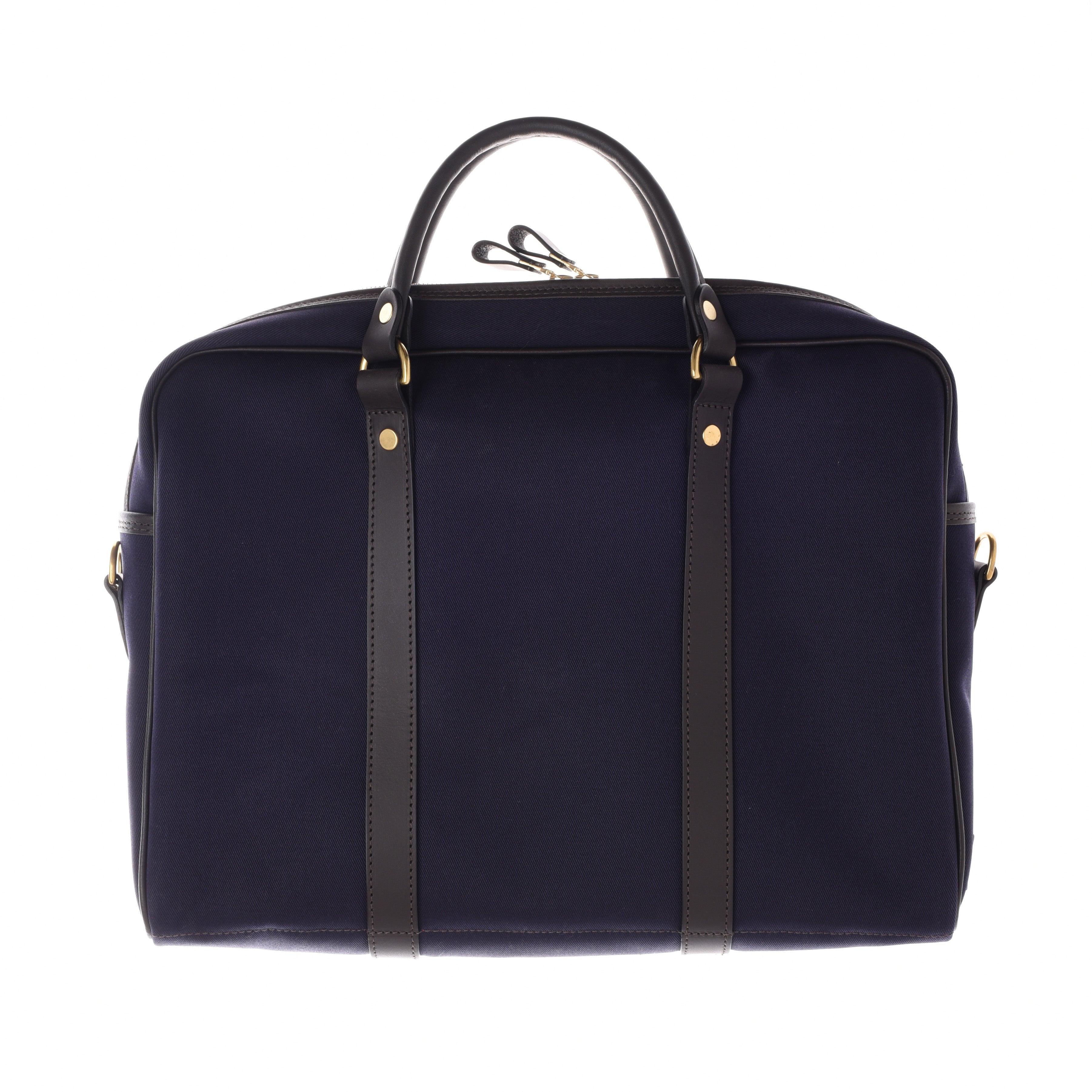 The Campbells of Beauly Laptop Bag is navy blue canvas with black leather handles and straps, gold-tone hardware, a Riri zip closure, padded lining, and a structured rectangular, minimalist design.