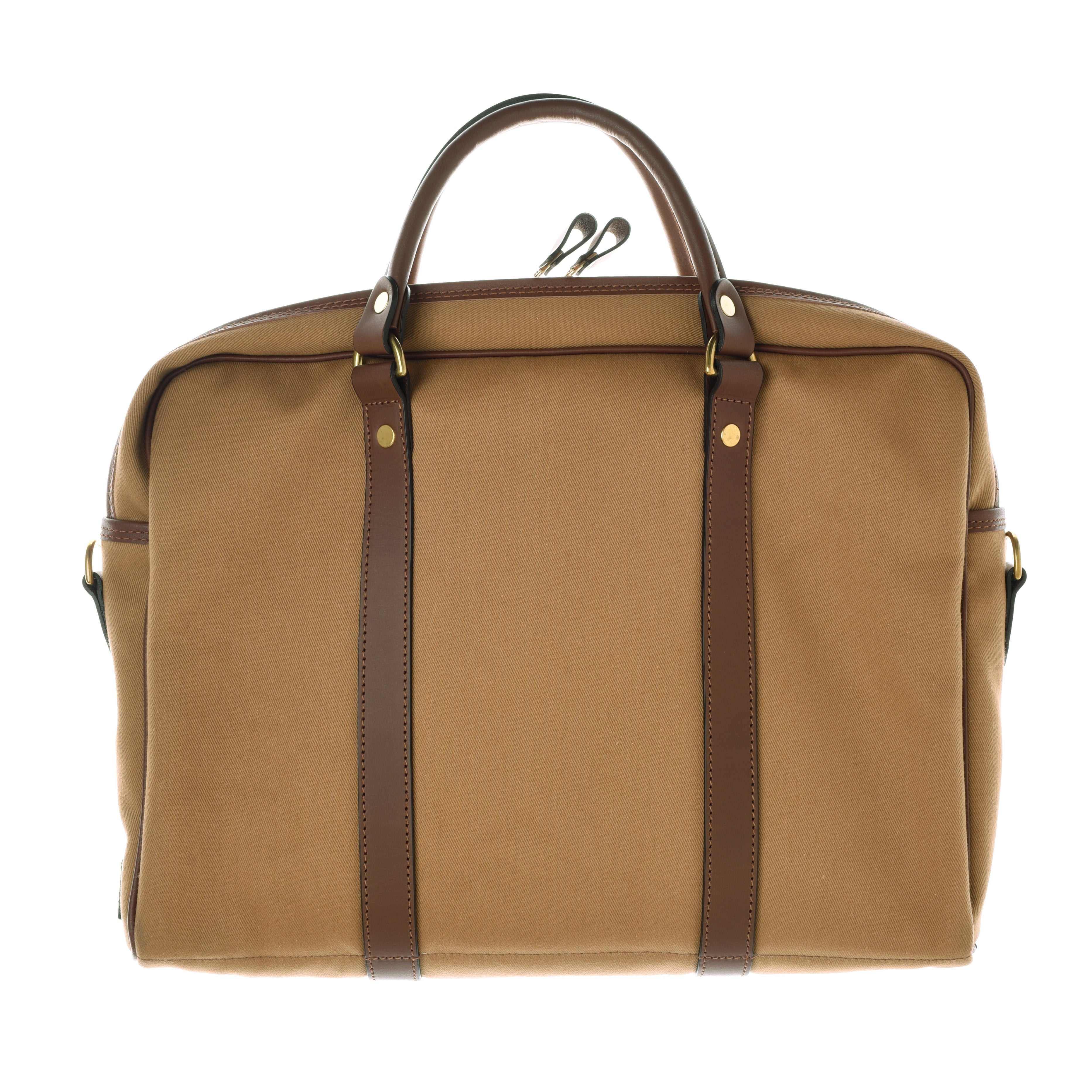 The Campbells of Beauly Laptop Bag features tan canvas, dark brown leather handles and trim, gold hardware, a Riri zip closure, vertical front leather straps, and padded lining to protect your essentials.