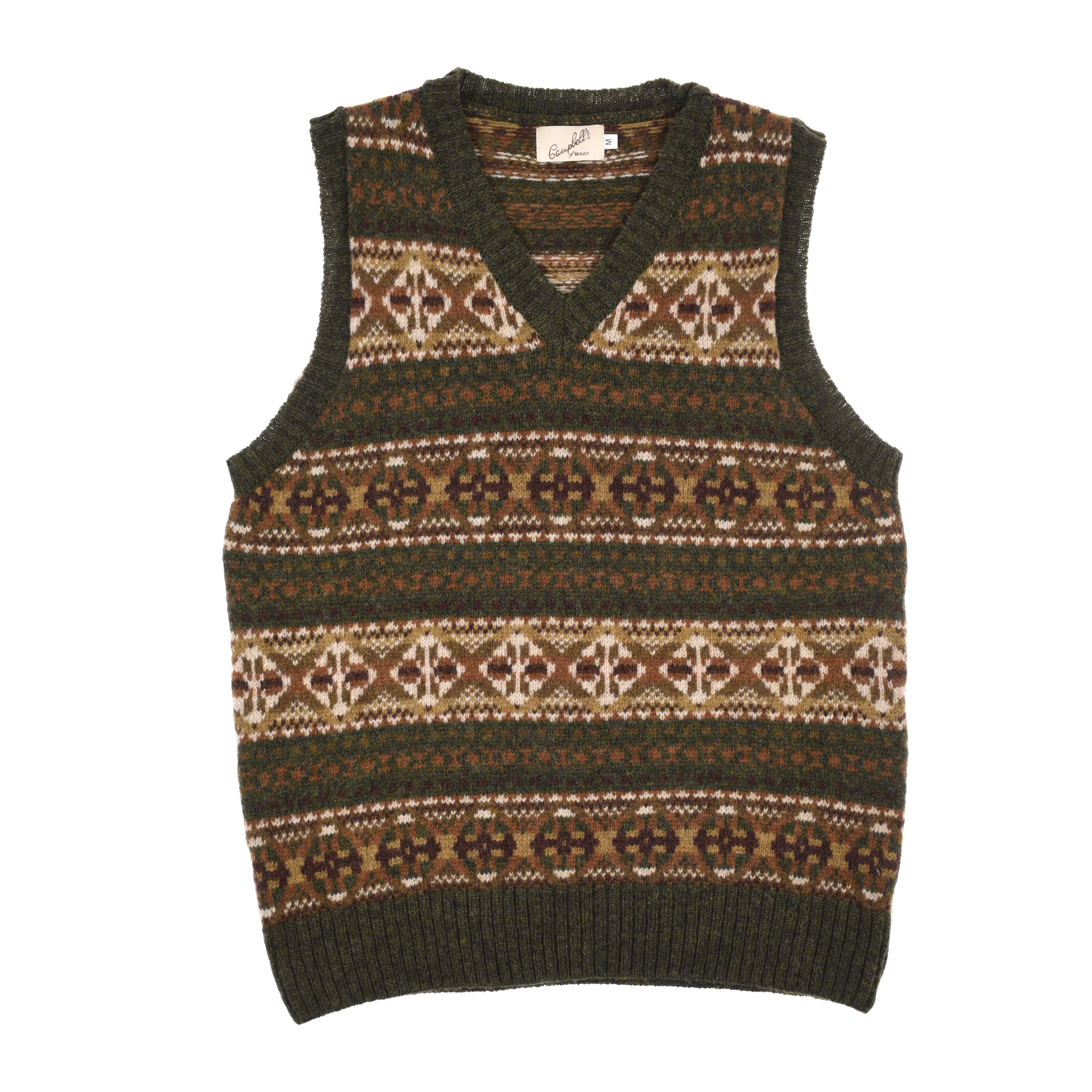 The Campbells of Beauly Fairisle Slipover is a knitted, sleeveless vest with a V-neck and traditional Fairisle patterns in brown, green, cream, and rust. It features geometric designs and ribbed hems at the neck, armholes, and waist.