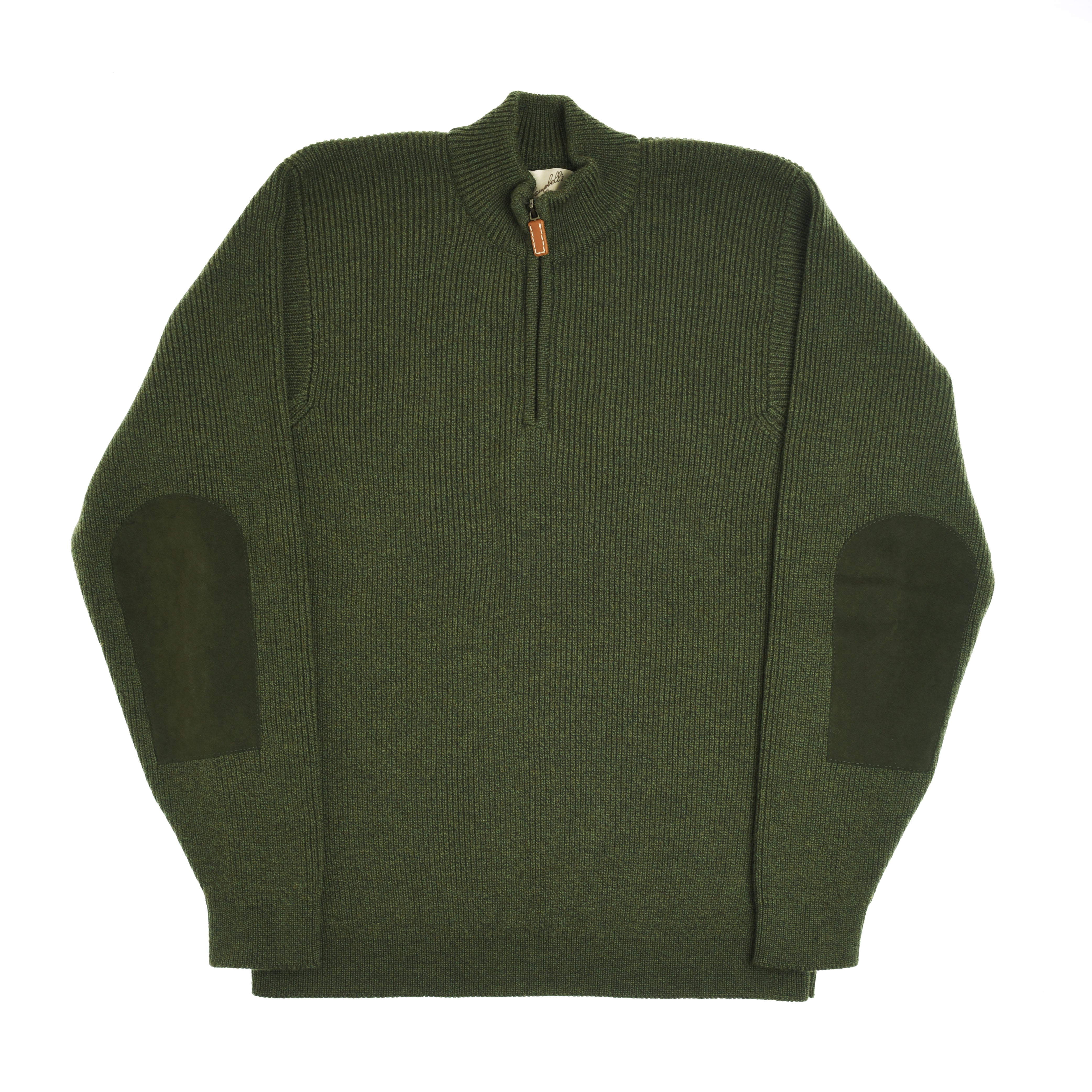 The Campbells of Beauly Shooter Quarter Zip Jumper with Patches features forest green ribbed lambswool, a quarter zip collar with tan pull, dark green suede elbow patches, and a straight hem. Shown flat on a white background.