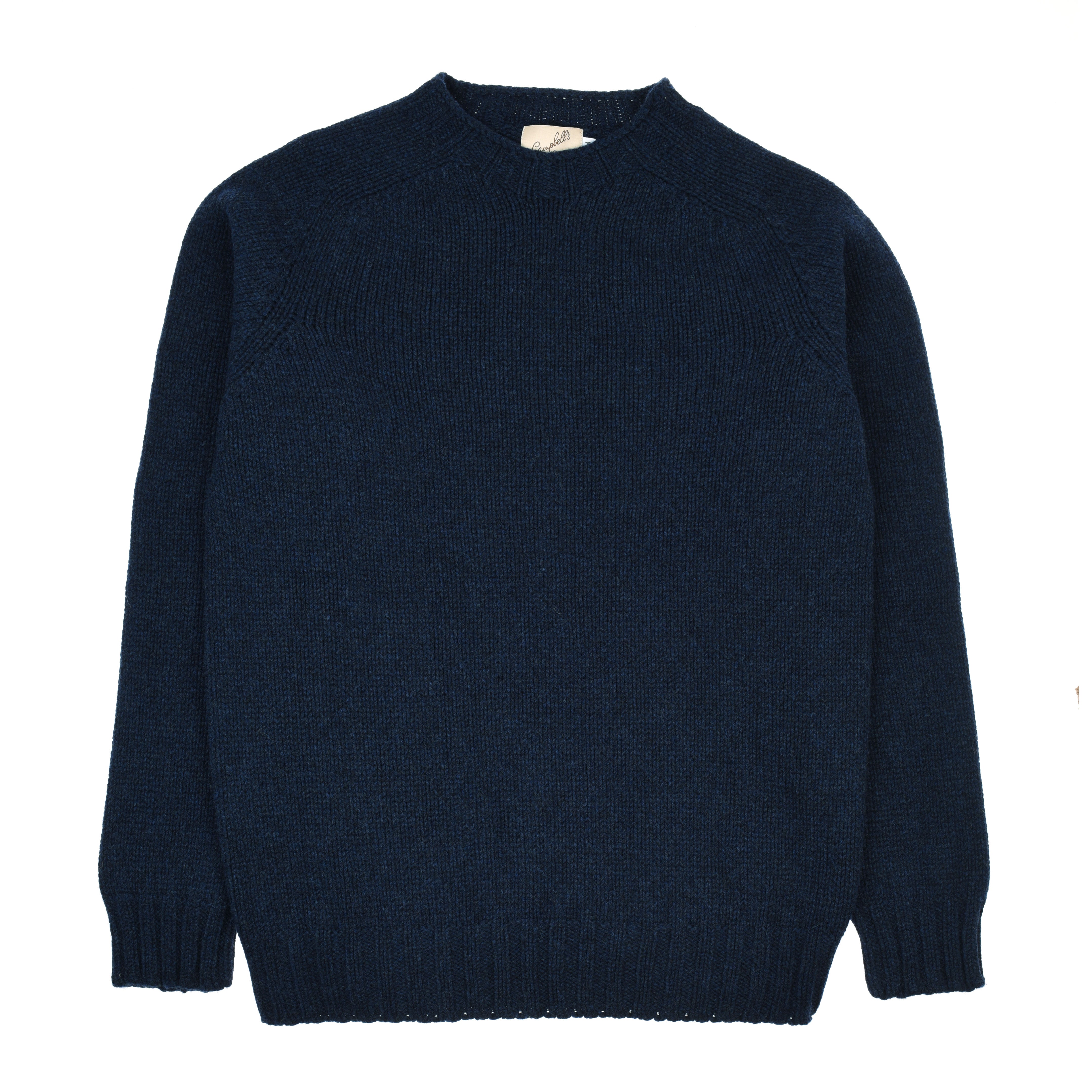 The Campbells of Beauly Geelong Lambswool Chunky Crew Jumper in dark navy features long sleeves, a crew neck, ribbed cuffs and hem, and is shown flat on a white background with a small inner neck tag visible.