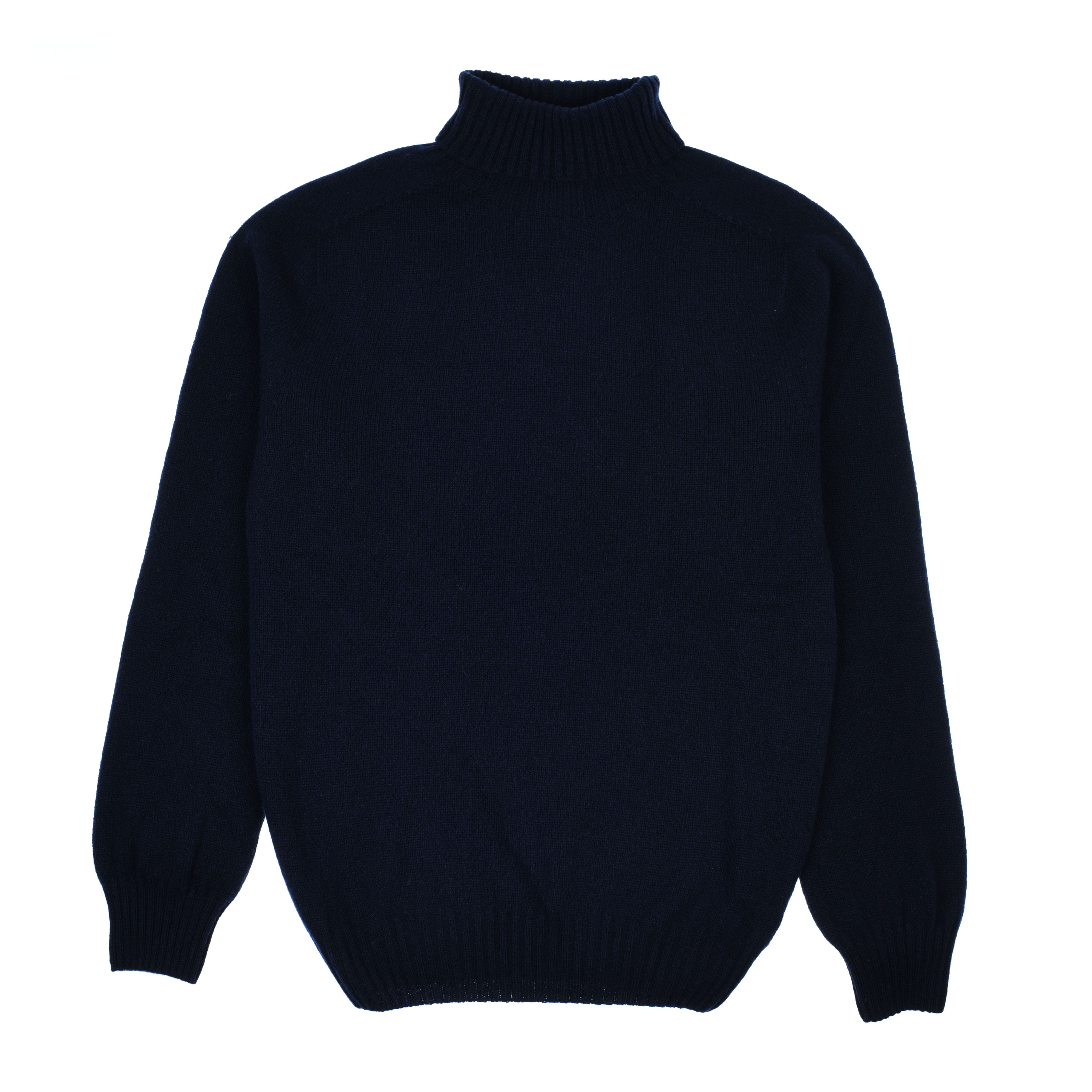 The Campbell’s of Beauly Lambswool Poloneck is a plain, long-sleeved, dark navy blue sweater with a classic ribbed neck, cuffs, and hem—no patterns or embellishments—shown laid flat on a white background.