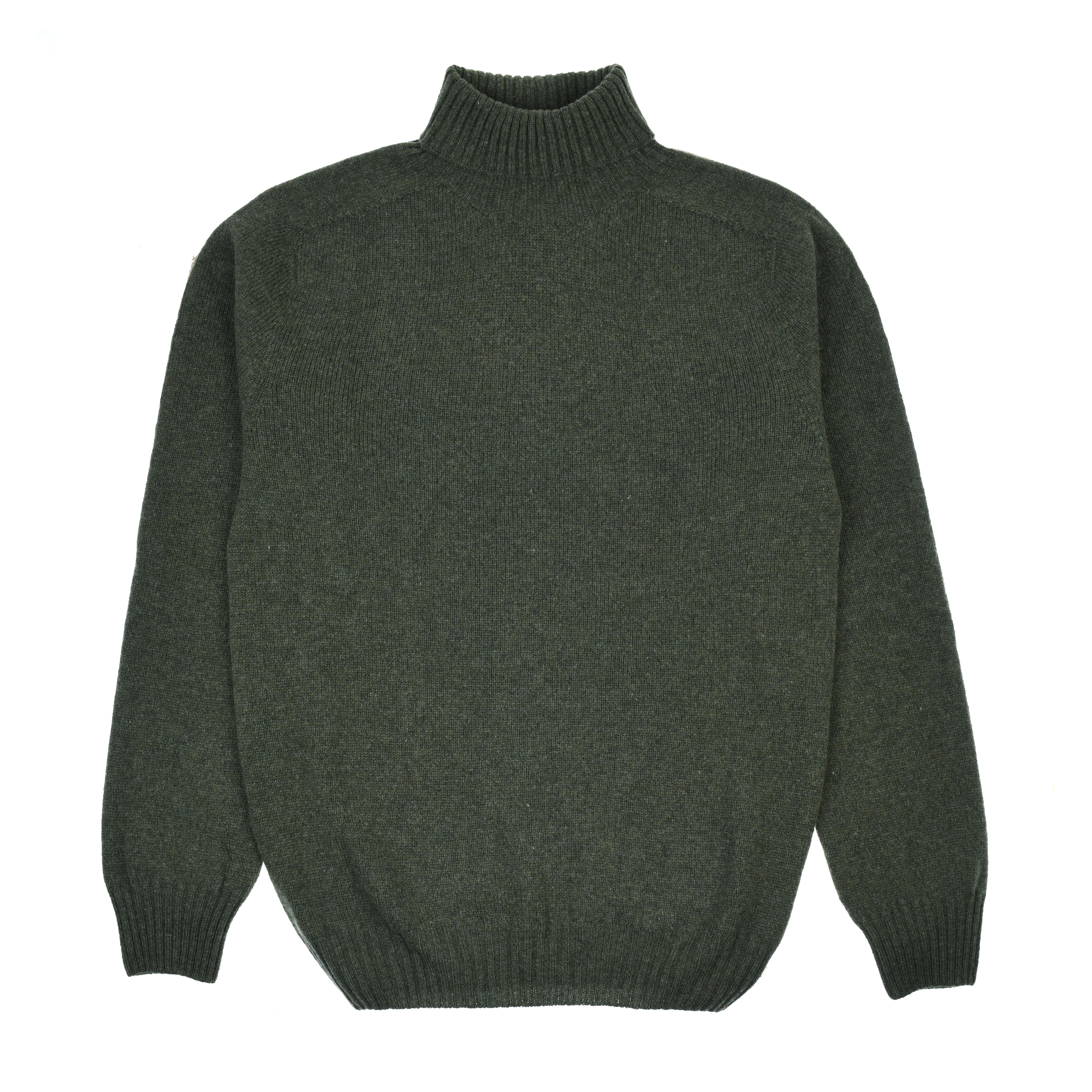 A dark green Lambswool Poloneck sweater by Campbells of Beauly features long sleeves, a high ribbed collar, ribbed cuffs and waistband, with a classic plain knit design, shown laid flat on a white background.