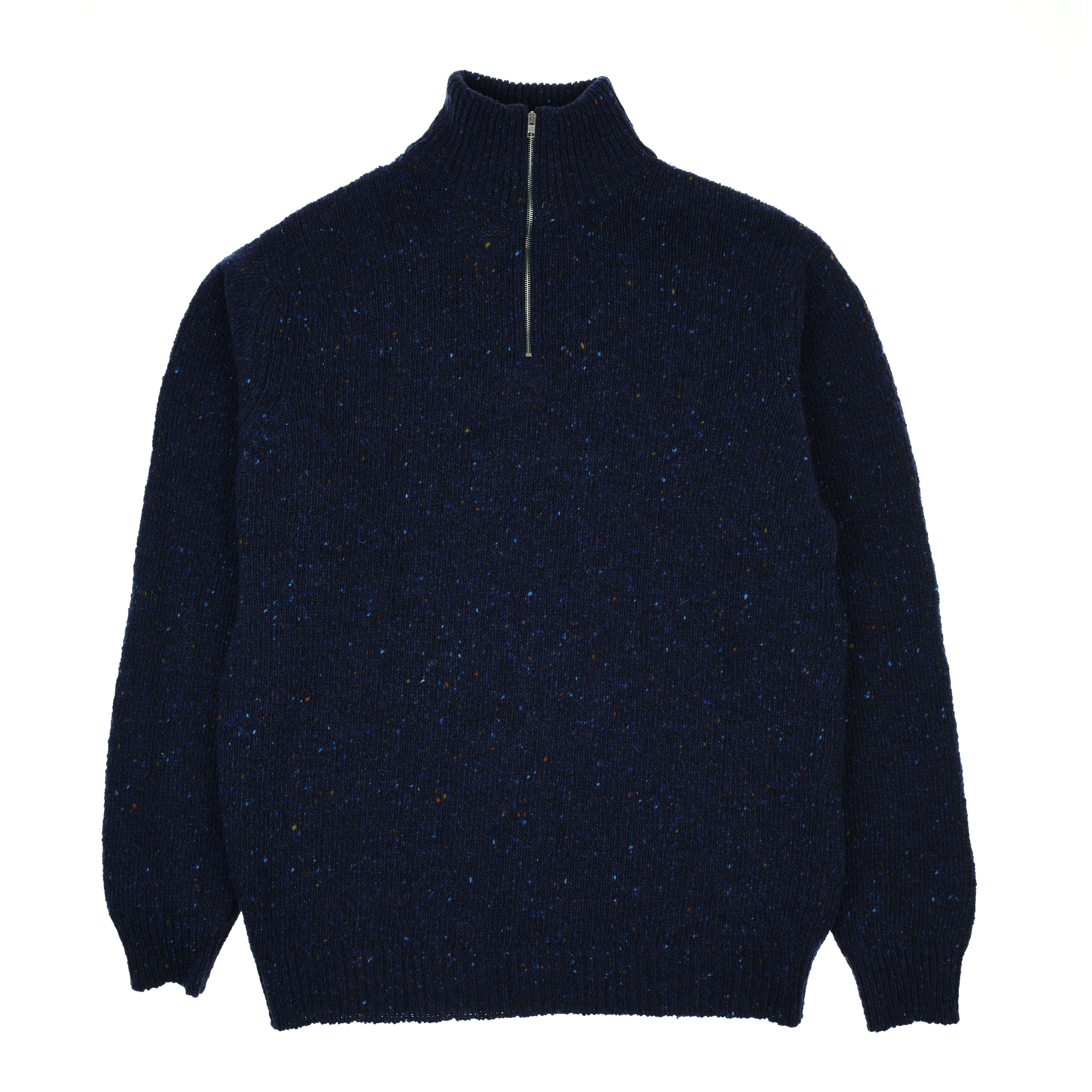 The Campbells of Beauly Donegal Lambswool Zip Neck Jumper is a navy blue, long-sleeve knit with ribbed cuffs and hem. Made from classic Donegal yarn, it features lighter blue flecks for a textured look. Shown laid flat on a white background.