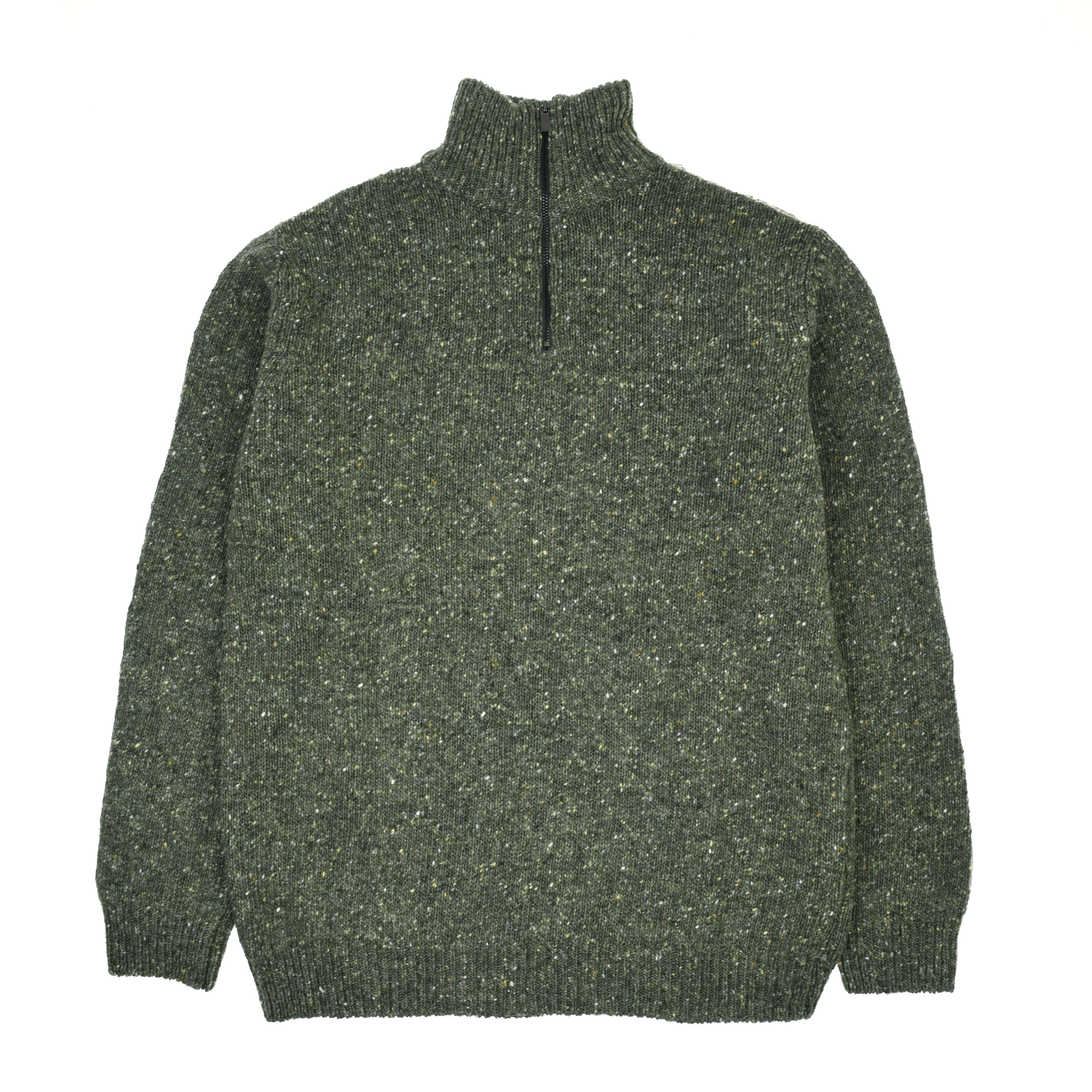 The Donegal Lambswool Zip Neck Jumper by Campbells of Beauly features green speckled wool, a high ribbed collar, short black half-zip, long sleeves, and ribbed cuffs and hem. Shown flat on a white background.