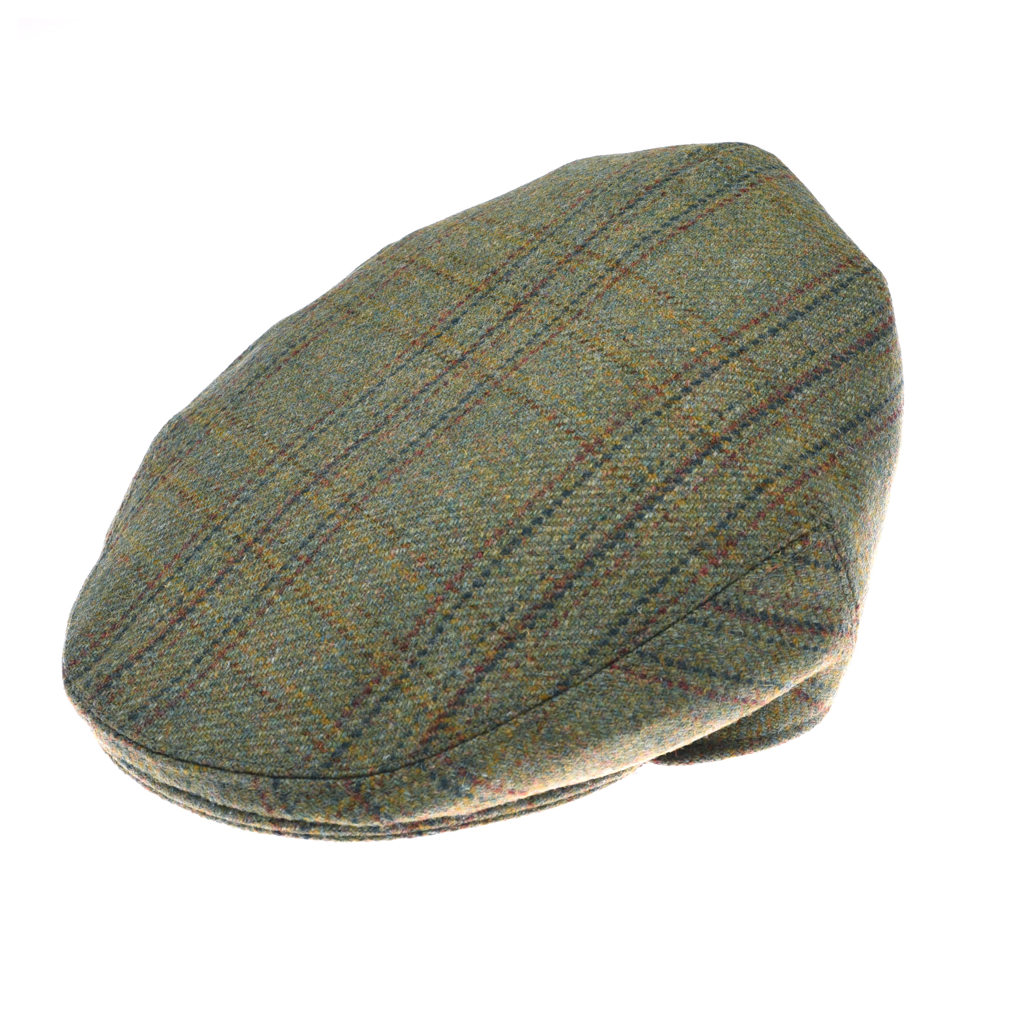 The Conon Cap by Campbells of Beauly is a green British tweed flat cap with yellow and brown plaid, featuring a rounded top and short stiff brim, shown on a white background.