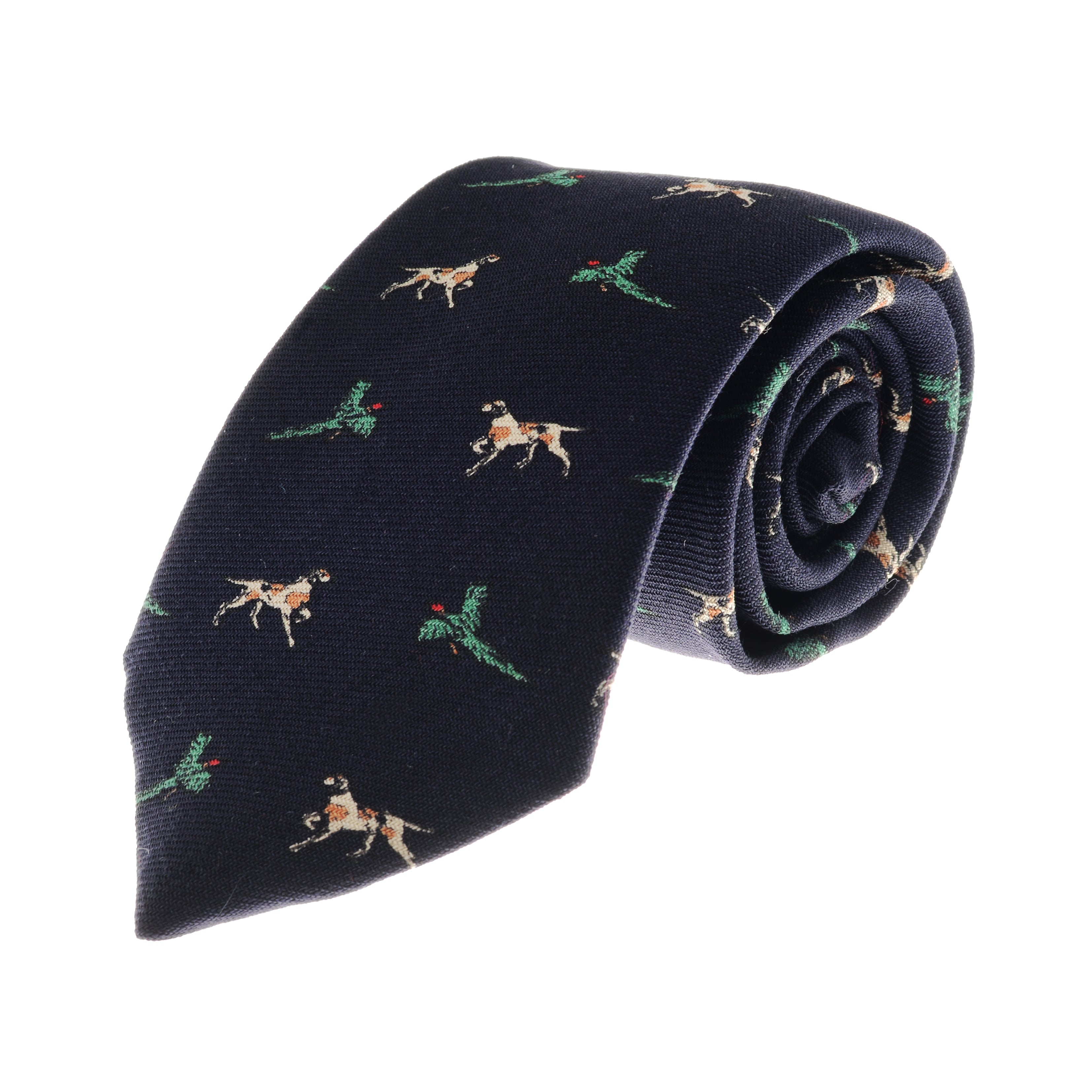 The Setter Dog & Pheasant Silk Tie by Campbells of Beauly features embroidered dogs and green, red-headed pheasants on navy silk, handmade and rolled to show its countryside motif against a white background.