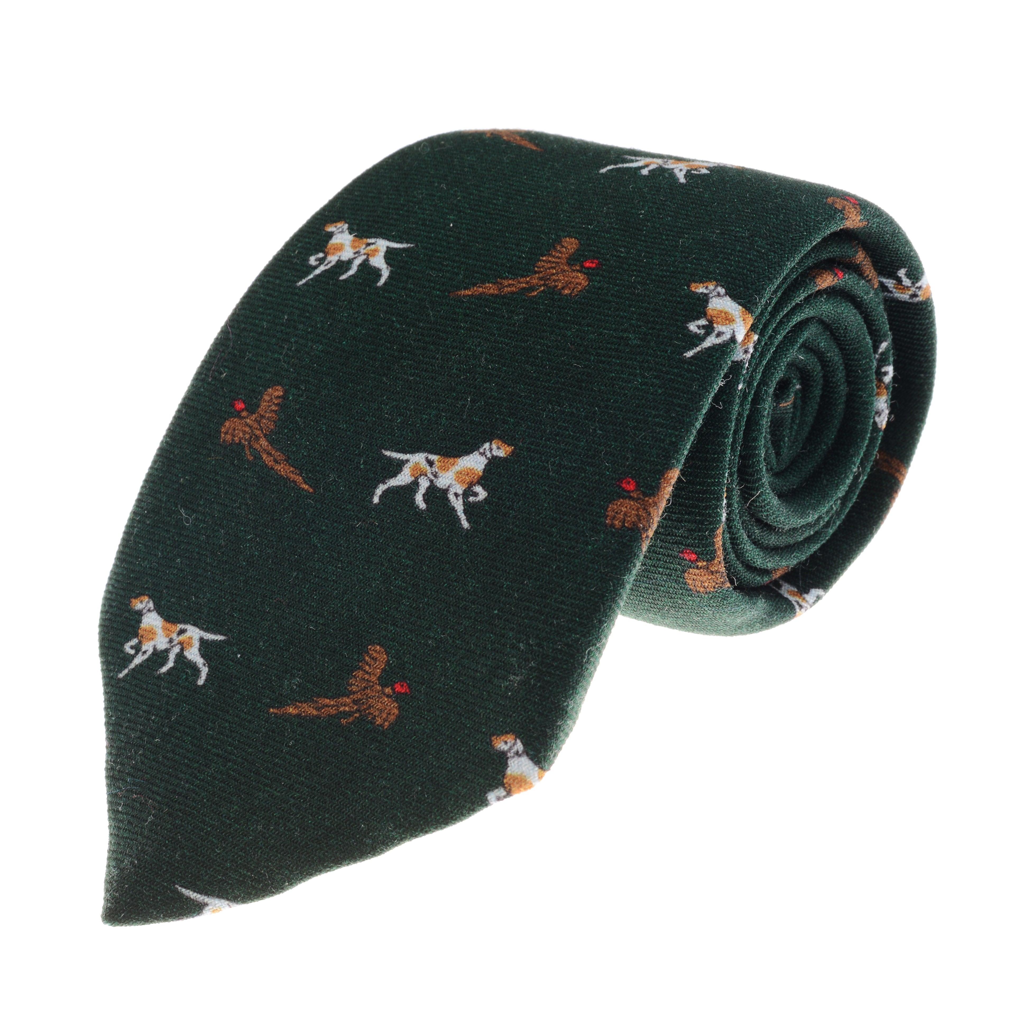 Campbells of Beauly Setter Dog & Pheasant Silk Tie features a whimsical countryside motif with embroidered brown pheasants and white setter dogs with red accents on dark green silk, shown rolled up against a white background.