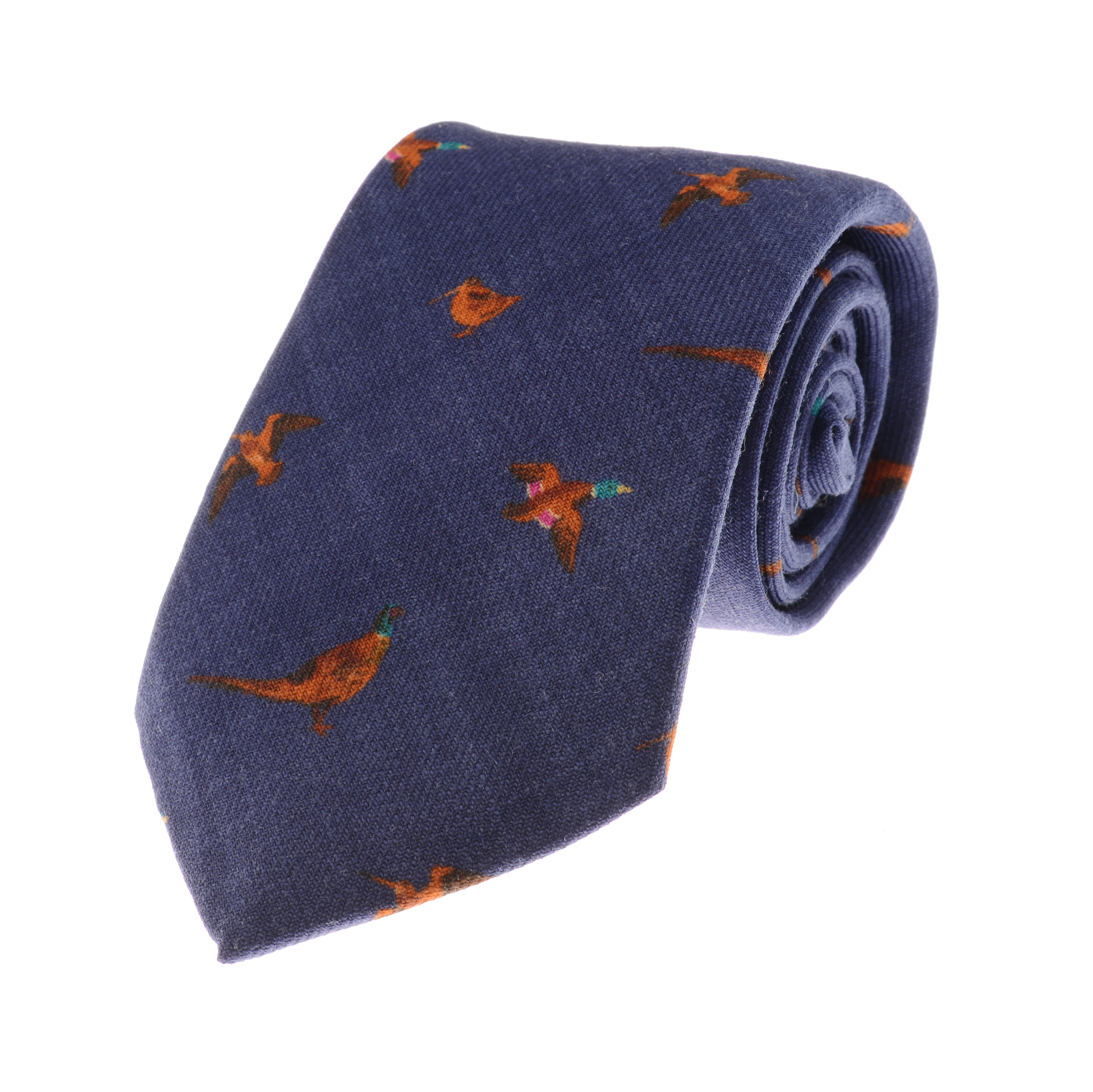A rolled-up blue Campbells of Beauly Mixed Game Silk Tie, adorned with orange and brown flying ducks—an elegant pick for the refined country dresser. Displayed on white, its pointed end faces forward with the roll back right.