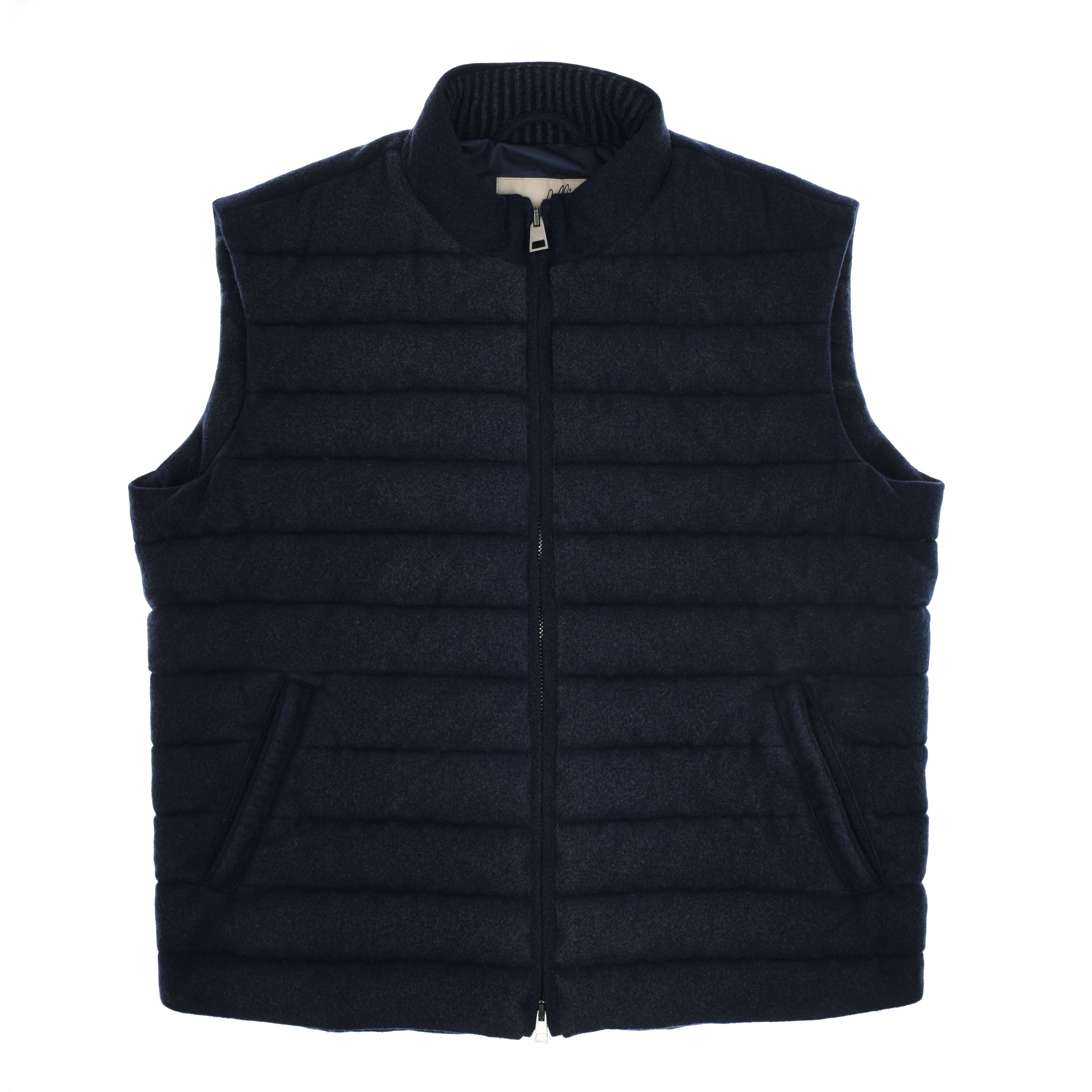 The Campbells of Beauly Quilted Navy Zip Gilet is a sleeveless, high-collar vest with horizontal quilting, front zip closure, and two side pockets—ideal for layering—shown flat on a white background.