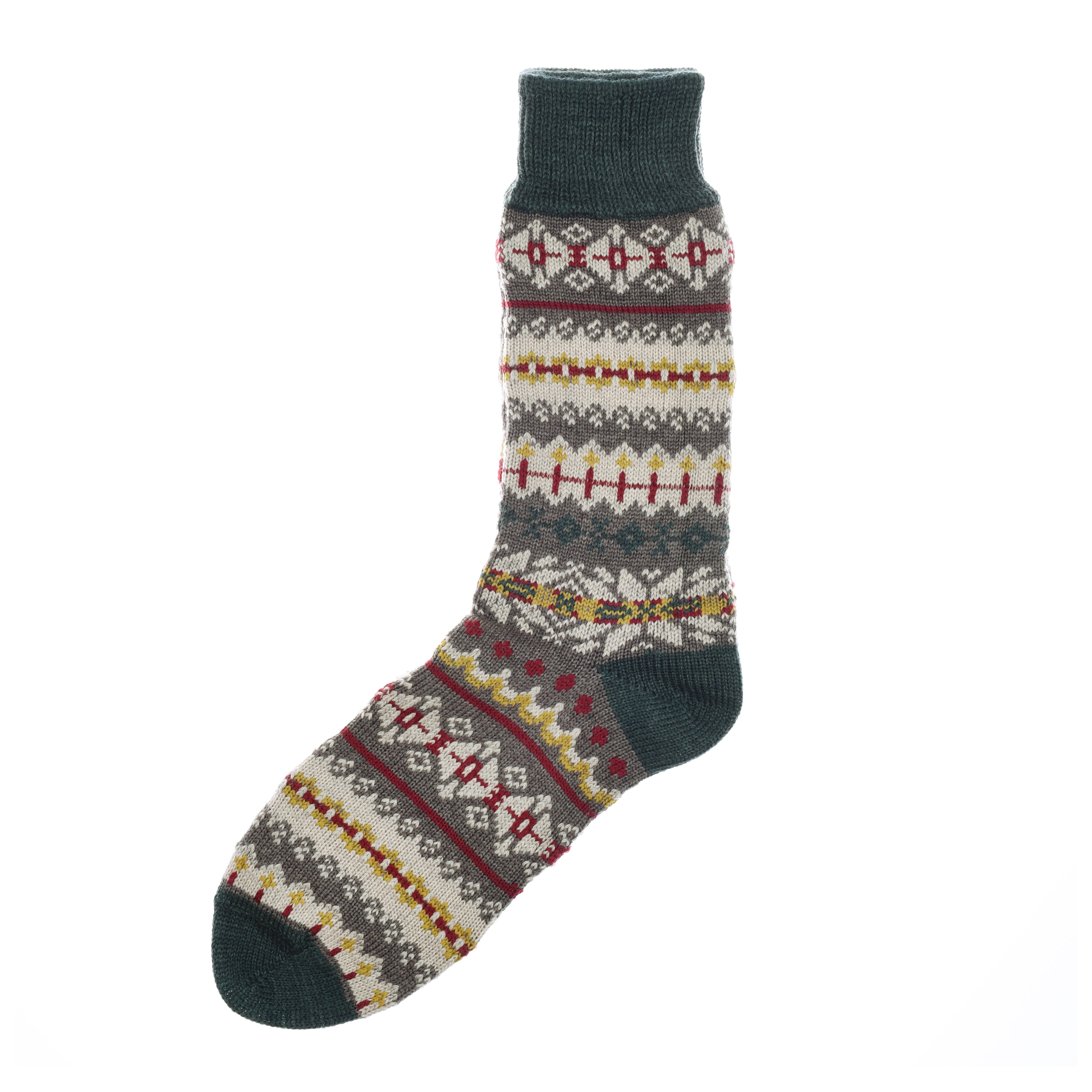 A single Campbells of Beauly Fairisle Sock, made in the UK, features a grey, red, yellow, and white Fair Isle pattern with solid dark green heel, toe, and cuff. Crafted from a soft wool-cotton blend and shown laid flat on white.