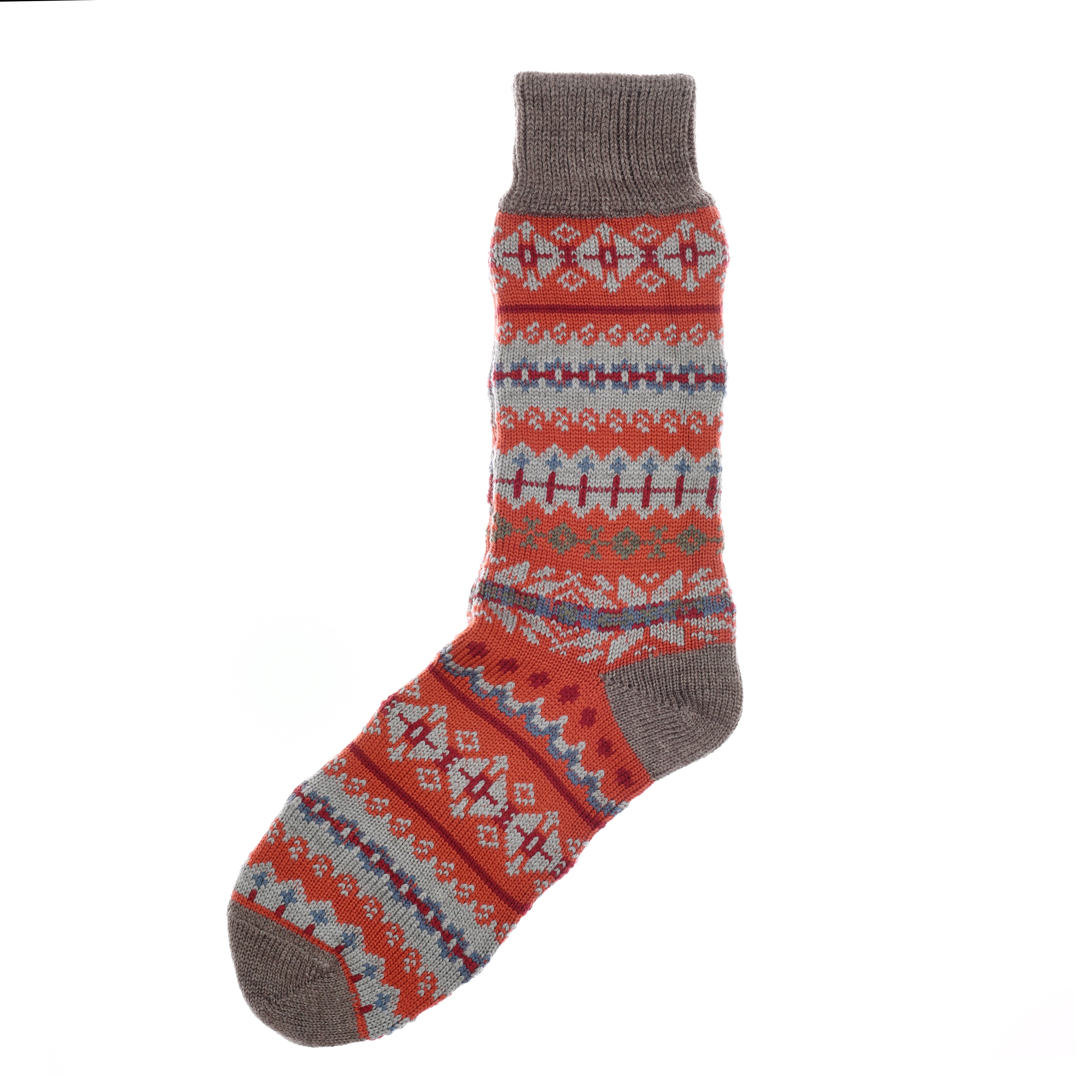 A single Campbells of Beauly Fairisle Sock, crafted in the UK from a soft wool-cotton blend, features colorful red, gray, and orange geometric patterns with gray toe, heel, and cuff. Shown flat on a white background.