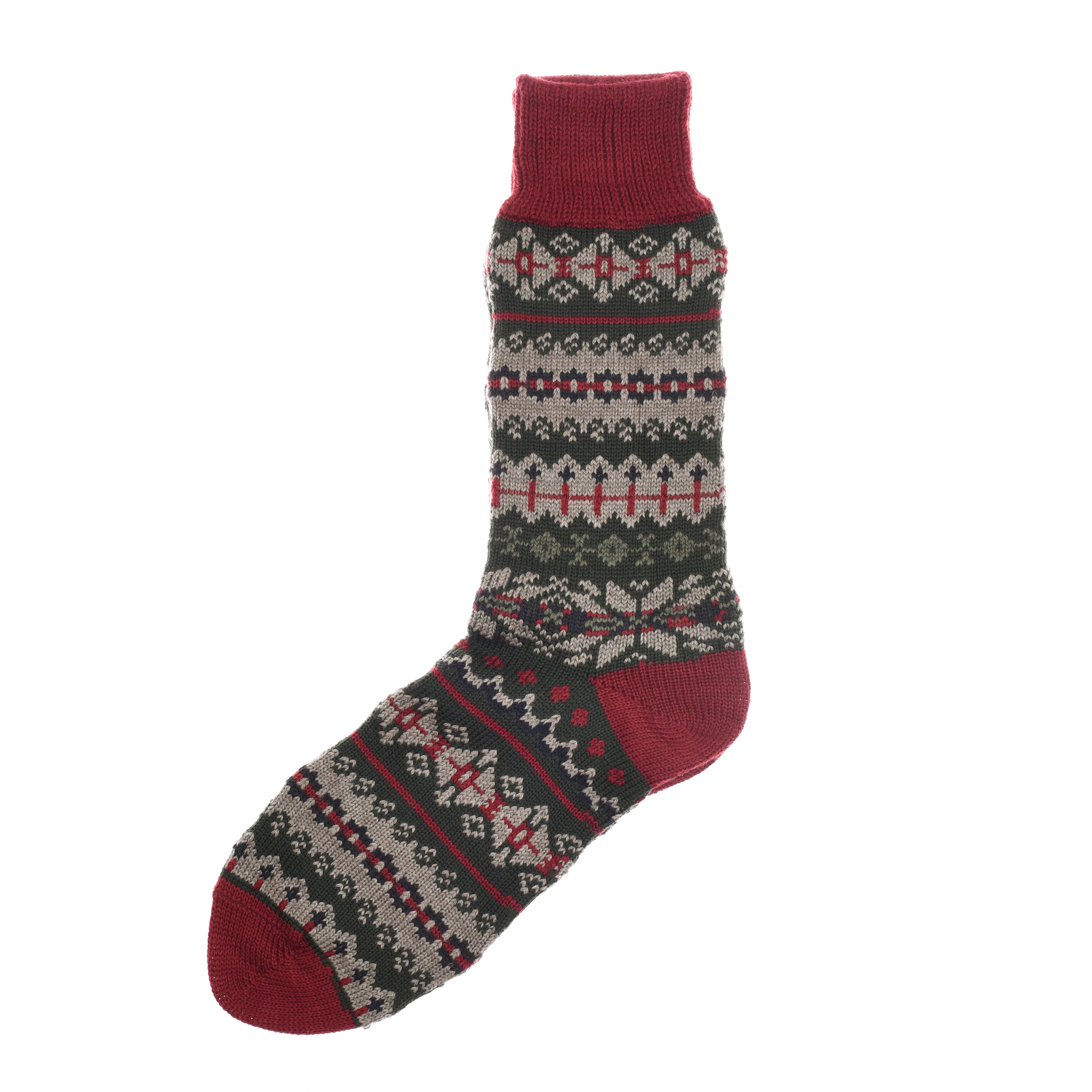 The Fairisle Socks from Campbells of Beauly feature festive red, green, white, and gray patterns with geometric and snowflake motifs, plus red heel, toe, and cuff. Made in the UK from a soft wool-cotton blend.