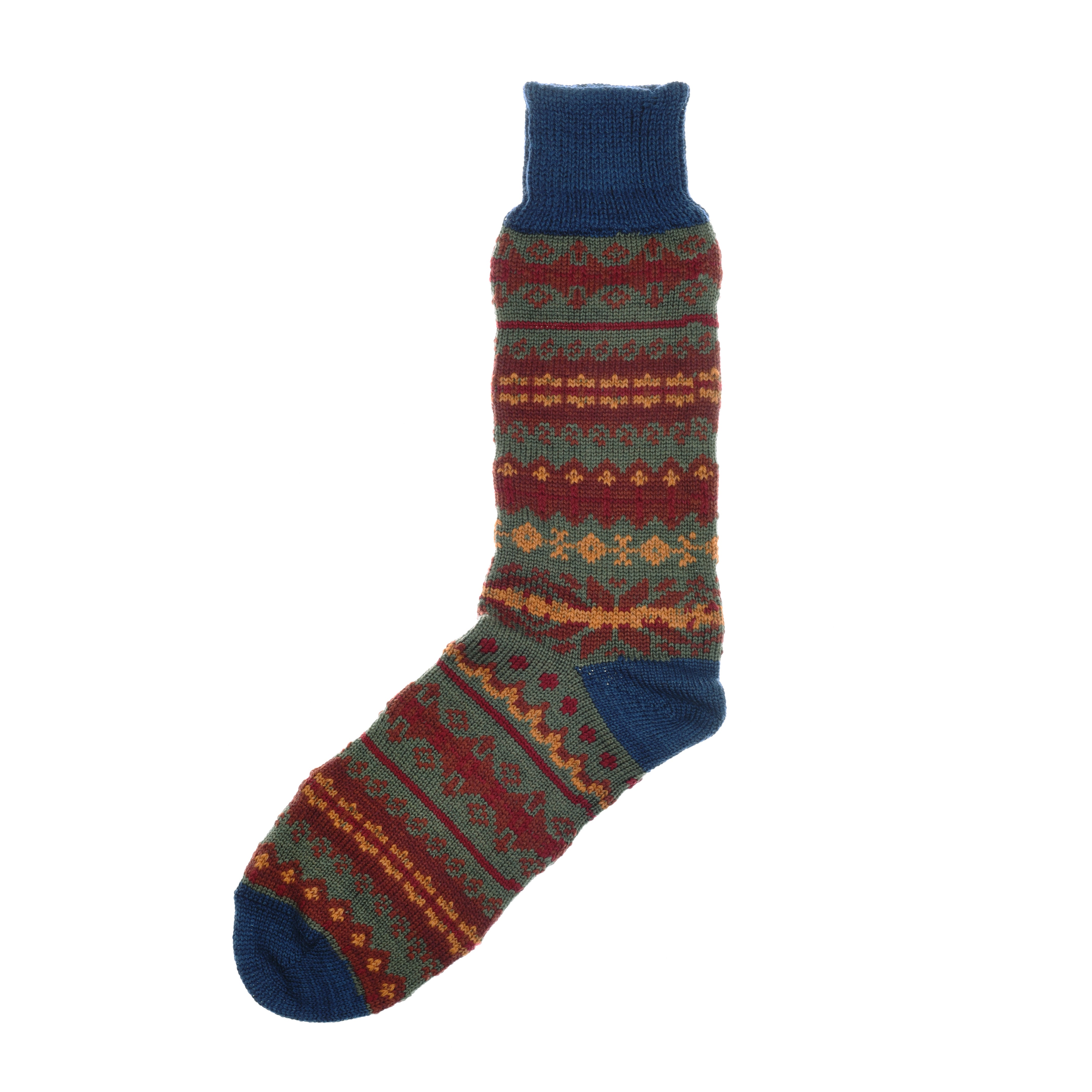 Campbells of Beauly Fairisle Socks: a single wool-cotton blend sock with blue toe, heel, and cuff, showcasing red, yellow, green, and brown geometric patterns. Made in the UK; shown flat on a white background.